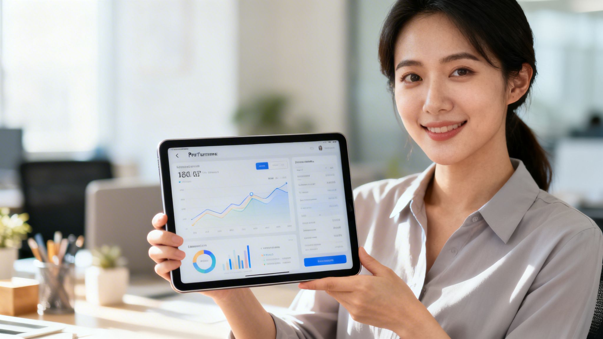 Smiling Asian businesswoman holding a tablet displaying business performance analytics and charts.