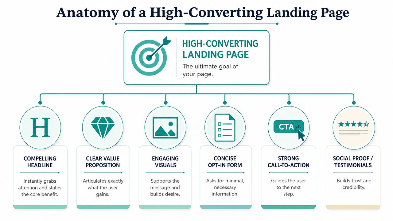 A diagram outlining the six key components of a high-converting landing page for marketing success.