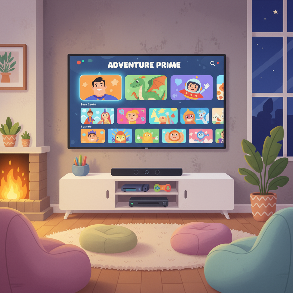 Smart TV displaying streaming application interface with content library in modern living room entertainment center, for streaming platform and FAST channel developer TV advertising campaigns.