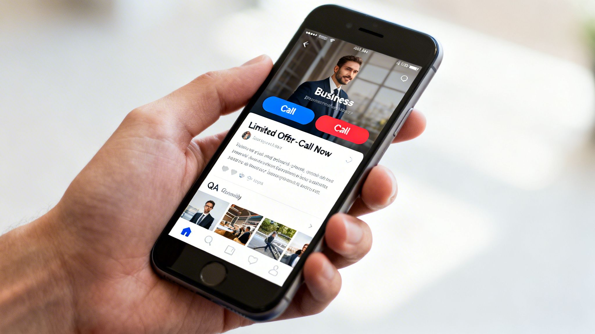 A hand holds a smartphone displaying a business profile page with call-to-action buttons and offers.