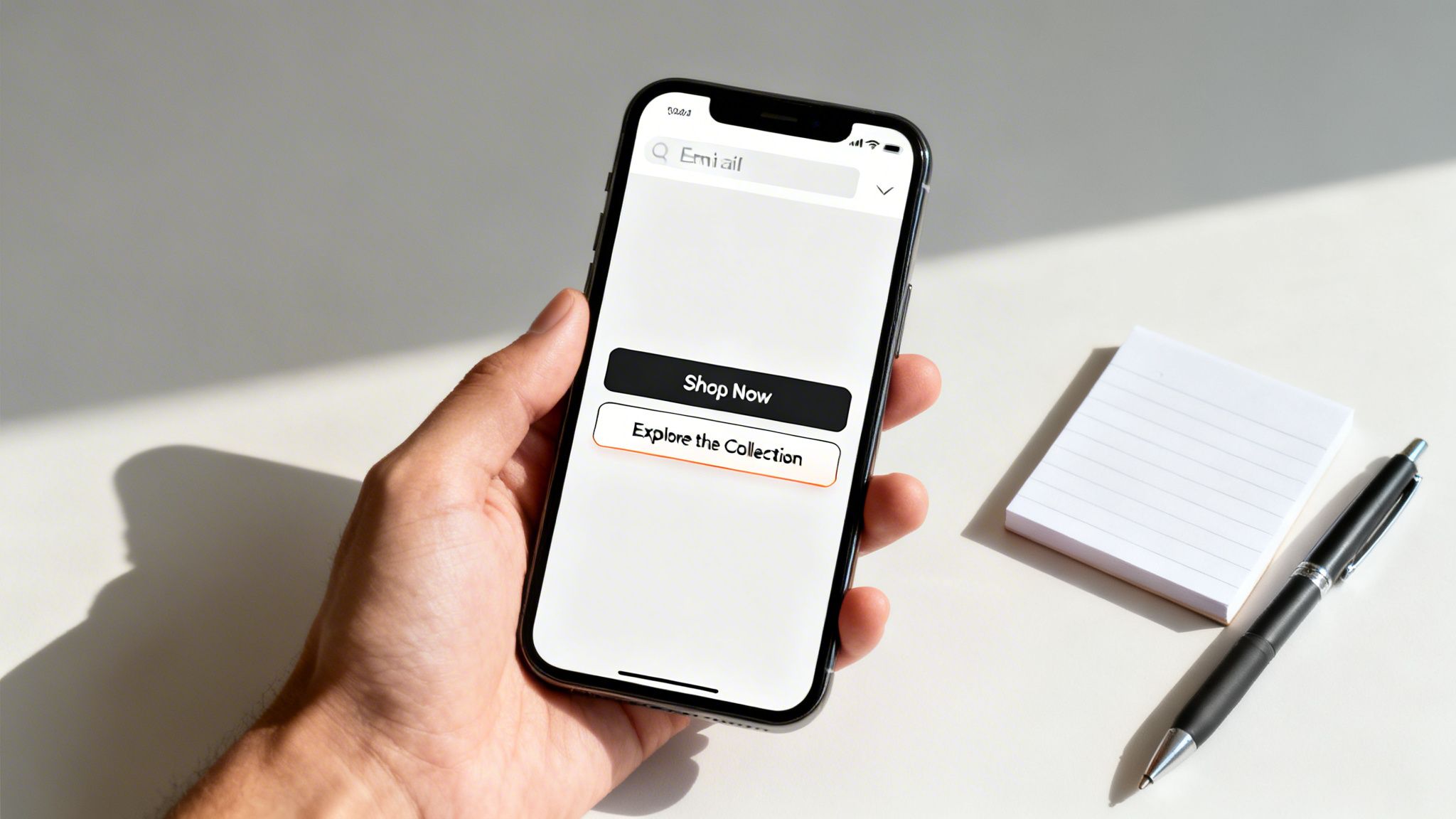 A hand holds a smartphone displaying shopping buttons, next to a notepad and pen on a bright desk.