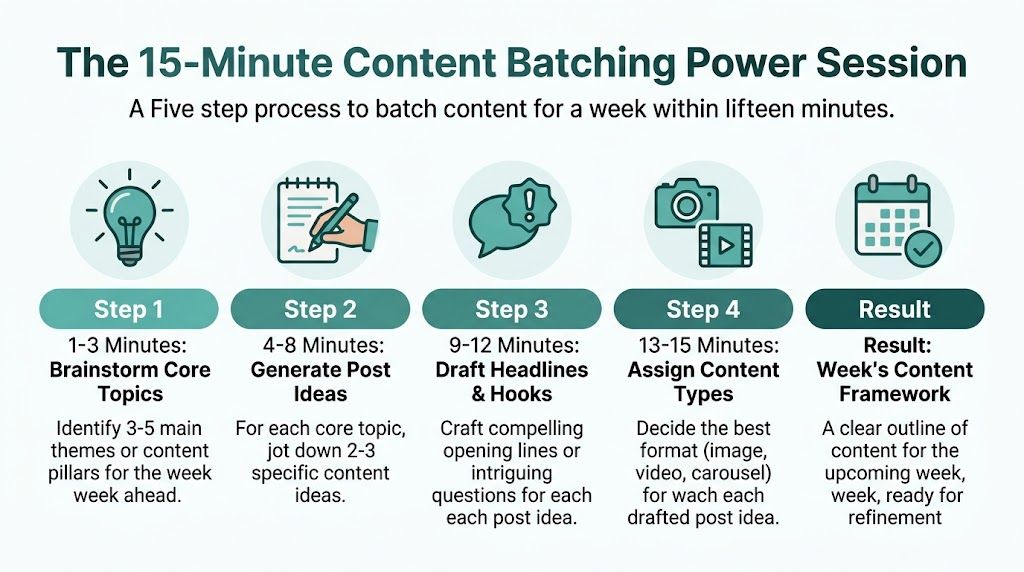 An infographic titled The 15-Minute Content Batching Power Session outlining five steps for planning weekly social media content.