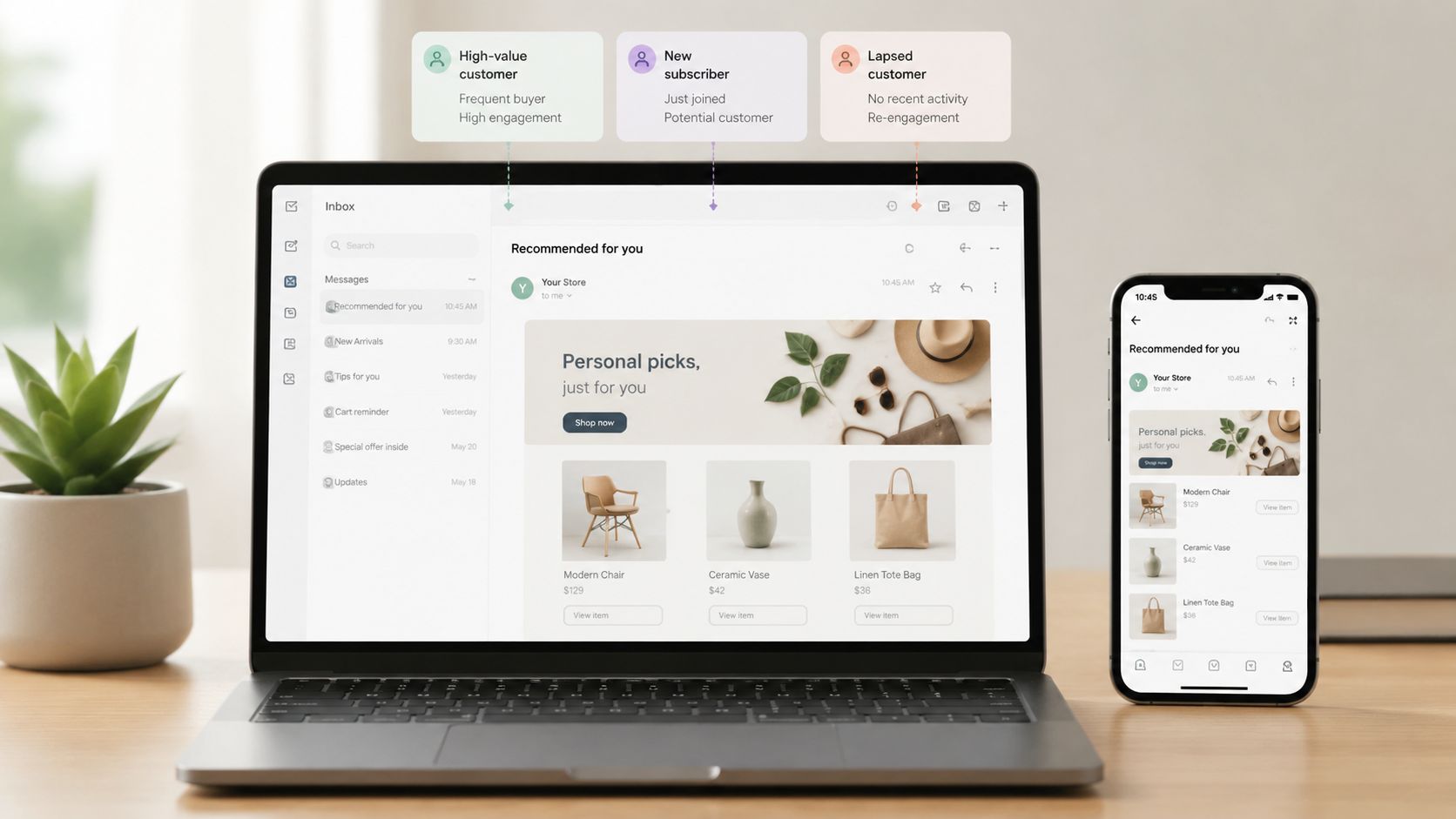 A laptop and smartphone displaying marketing software tools for managing customer segments like new and lapsed buyers.