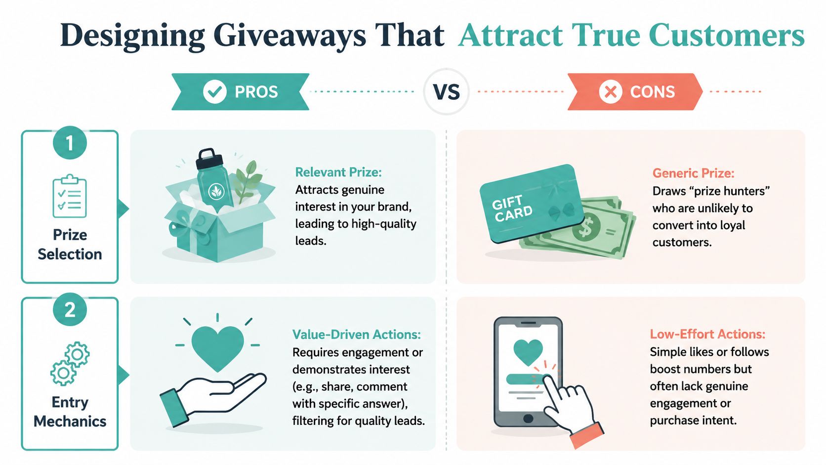 A comparison infographic showing pros and cons of designing giveaways to attract genuine business customers.