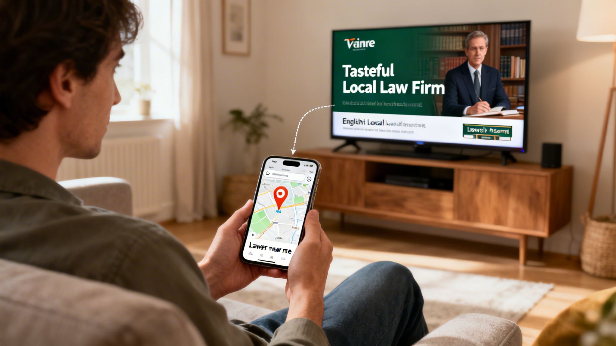 A person on a couch using a smartphone to search for local services on a map, inspired by a TV ad.