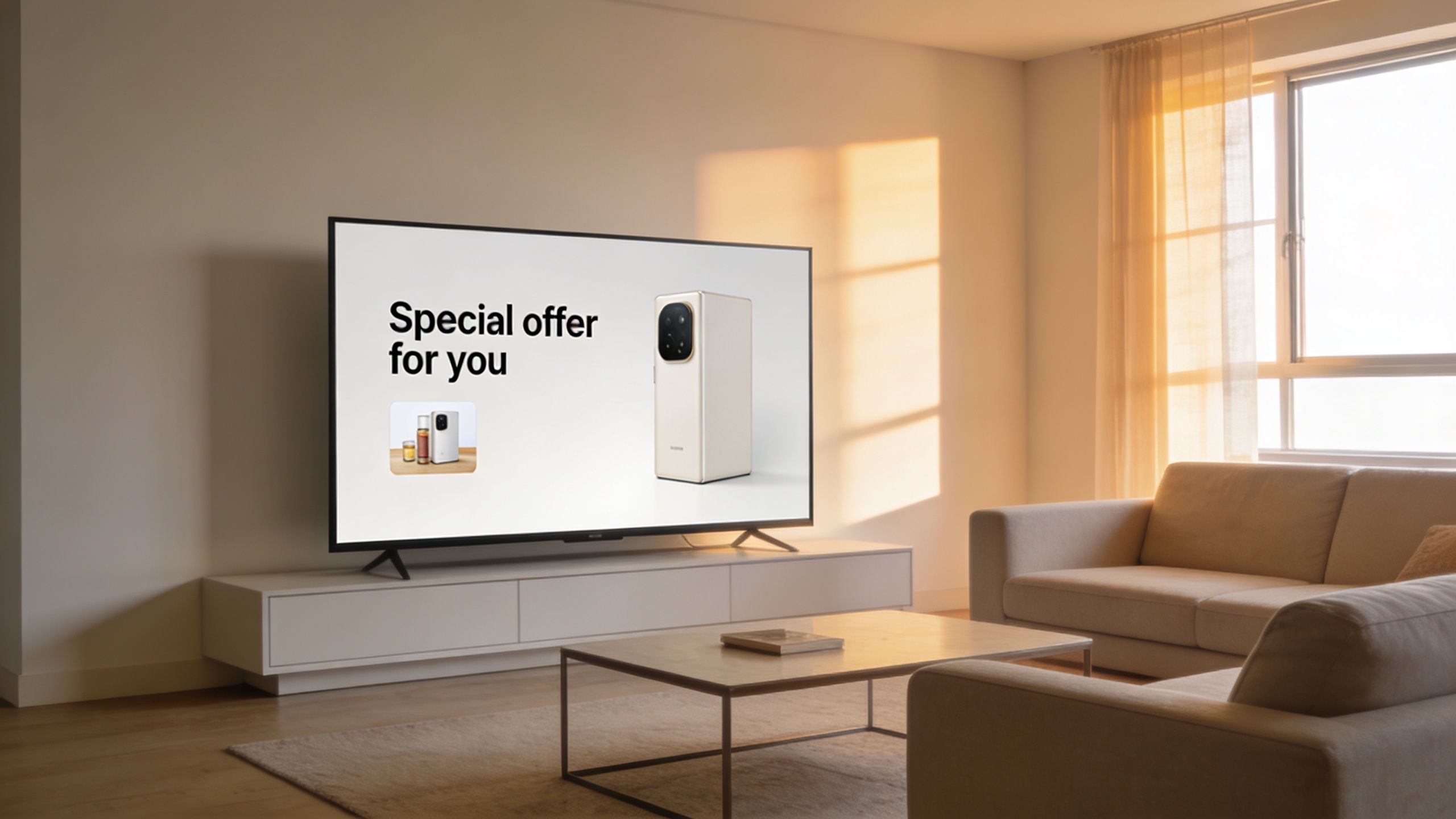 A modern living room featuring a large television screen displaying a special offer advertisement for a smartphone.