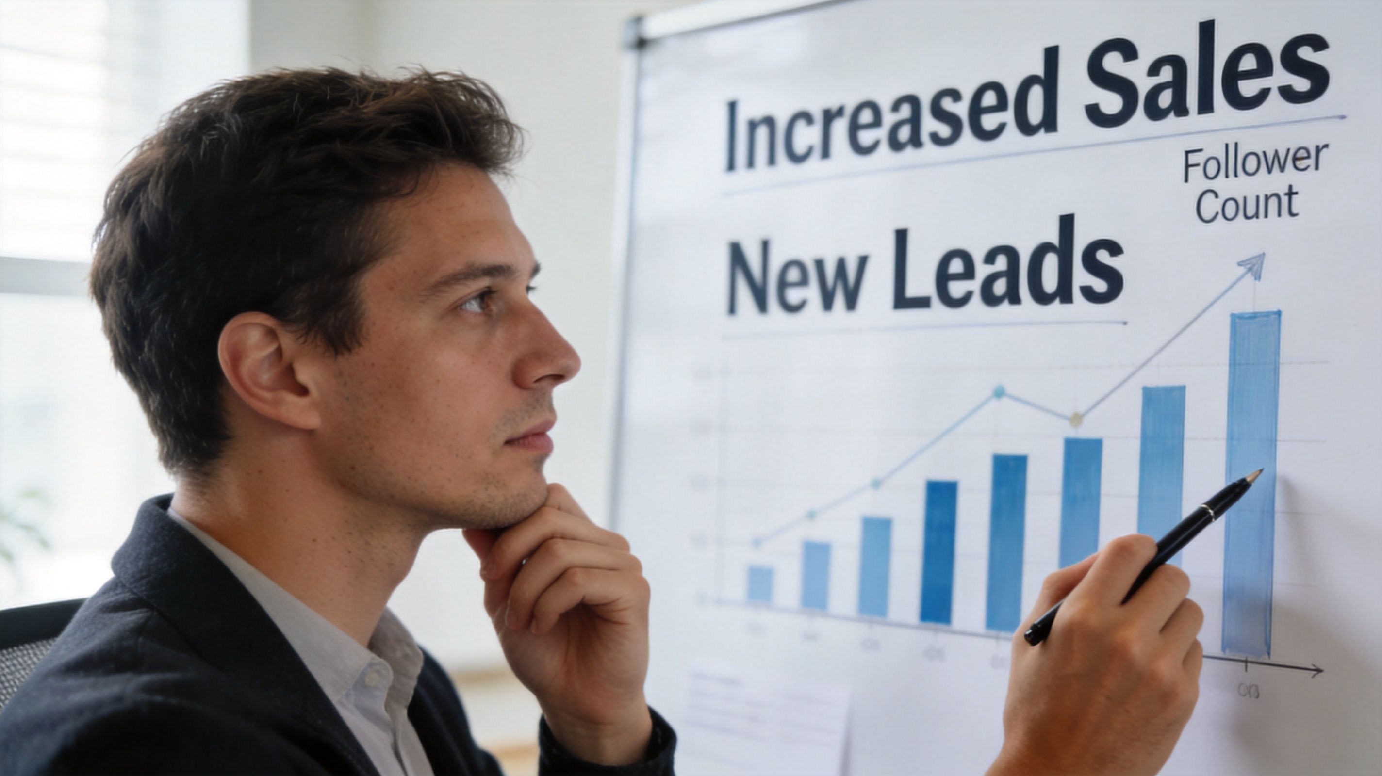 A professional man analyzing a bar graph on a whiteboard during a business growth strategy presentation.