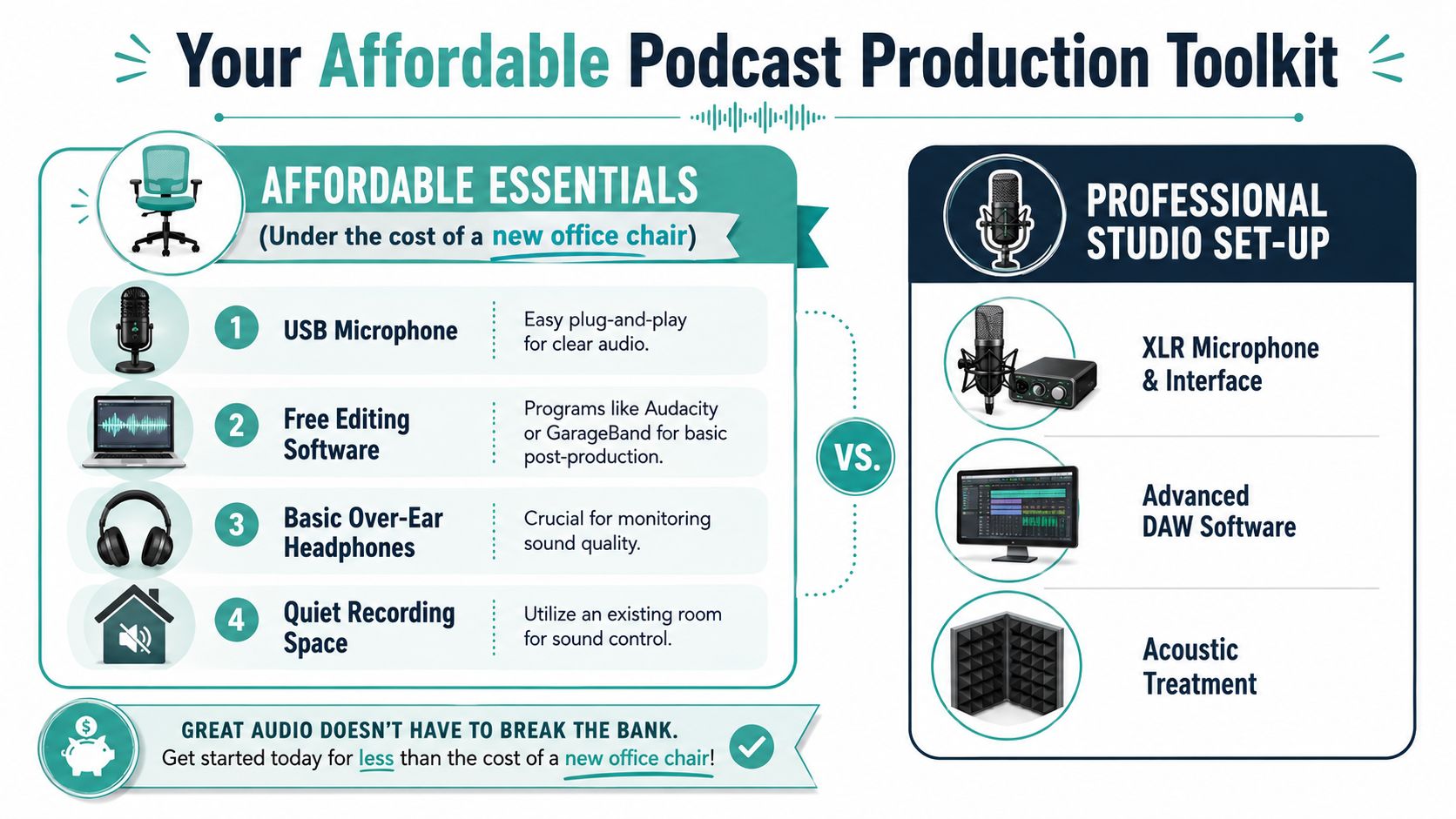 An infographic comparing an affordable podcast production setup to a professional studio setup for small businesses.