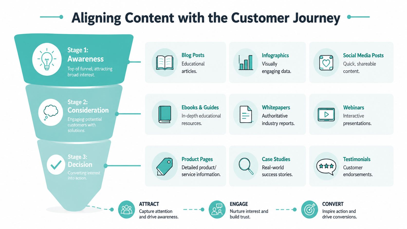 A funnel diagram illustrating how to align content types with each stage of the customer journey.