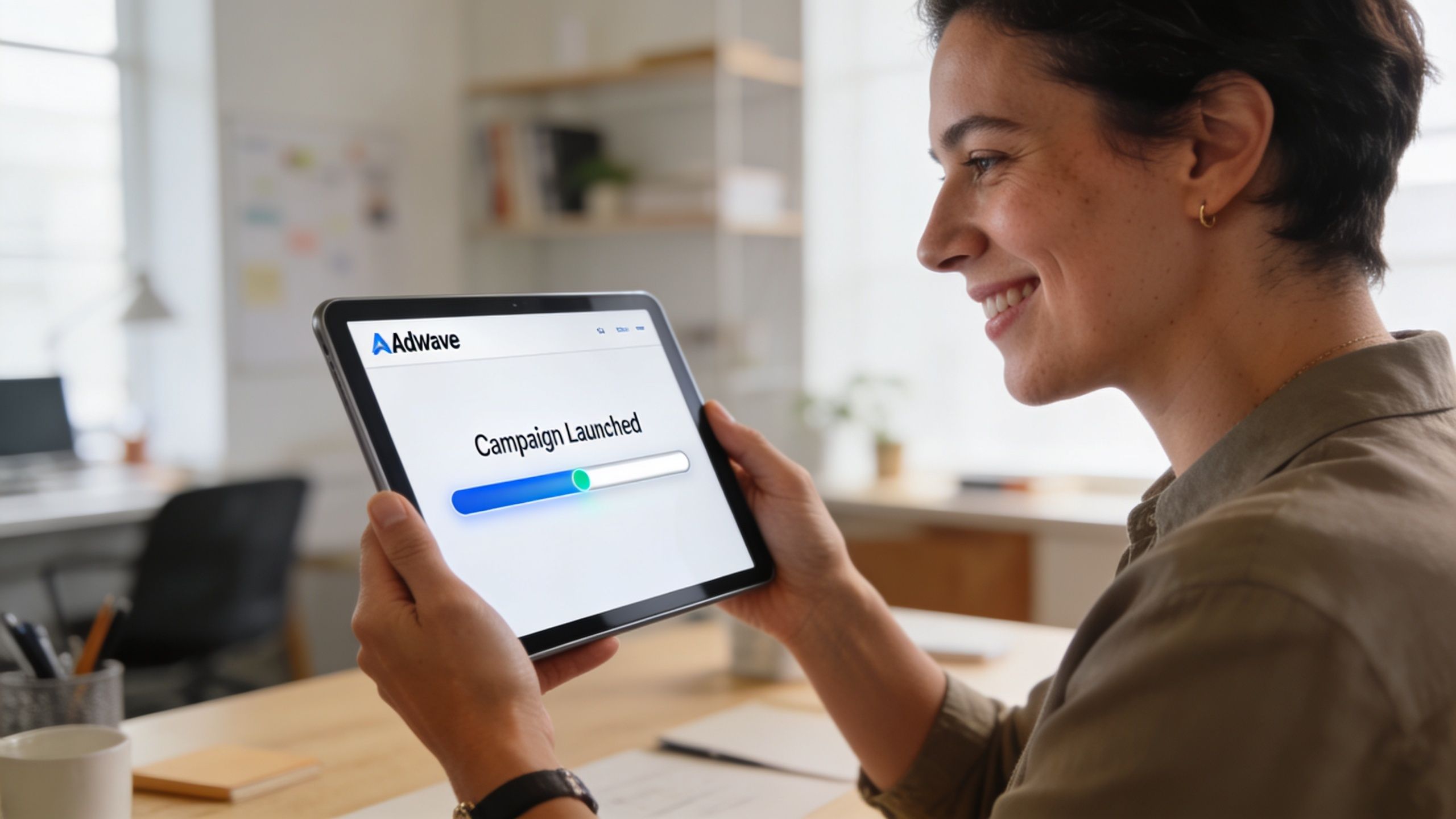A professional woman smiling while holding a tablet displaying an Adwave interface showing a launched campaign progress bar.