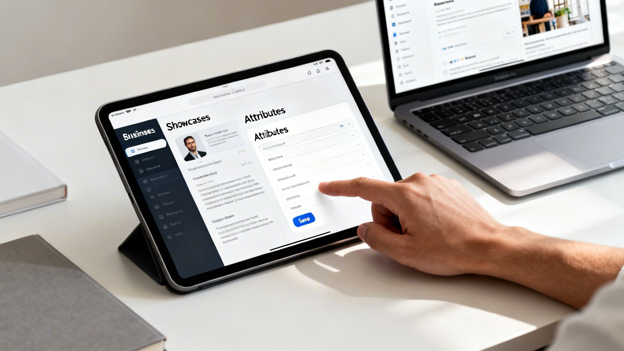 A person's hand interacting with an iPad displaying a business management interface, with a laptop nearby.