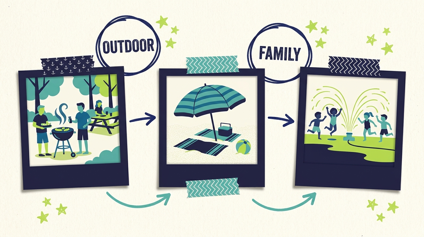 Storyboard of summer ad creative themes: BBQ, beach, family