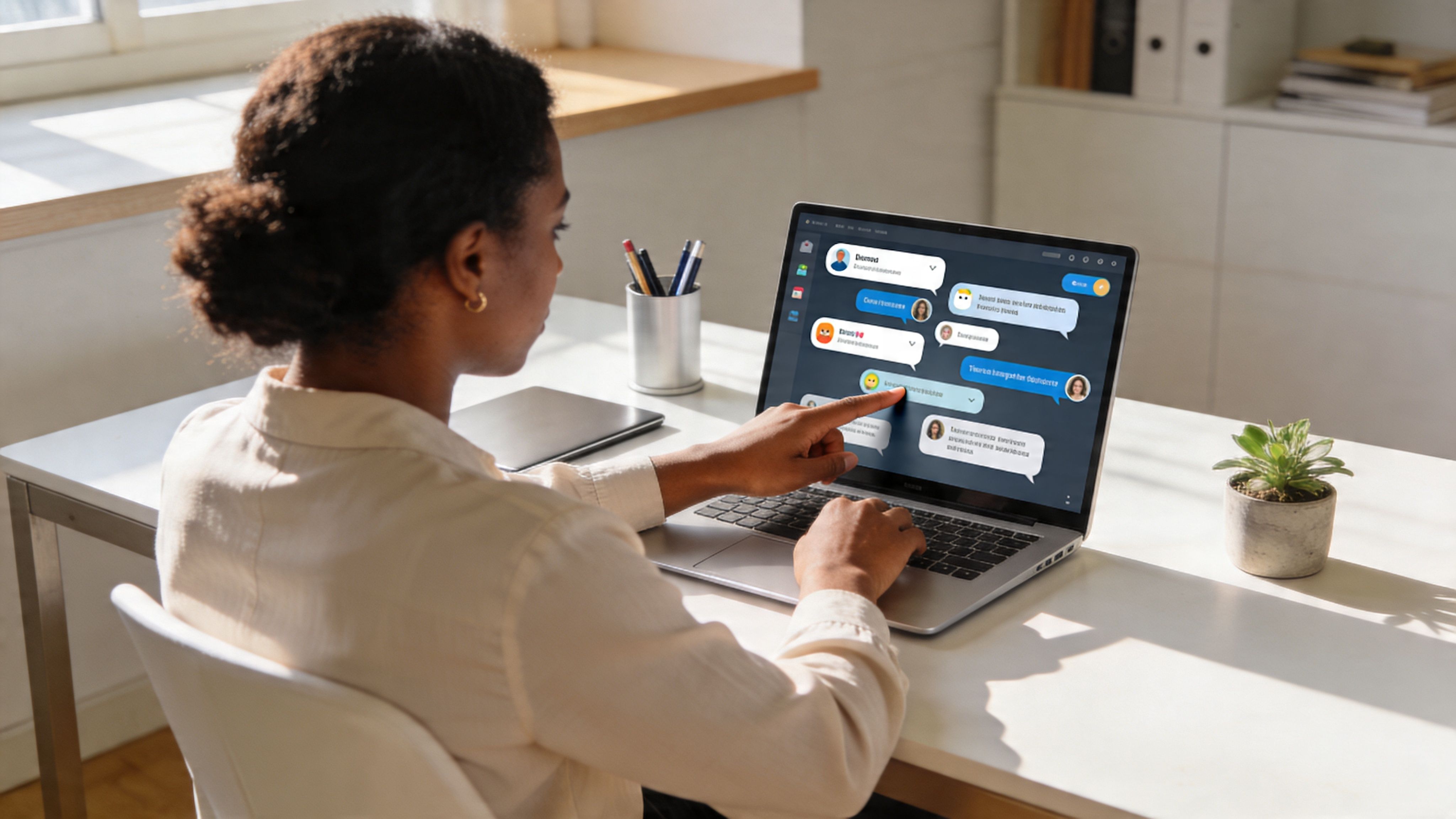 A businesswoman interacts with a Facebook groups interface displayed on her laptop screen at her workstation.
