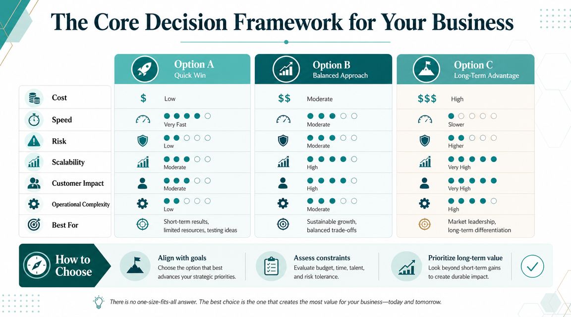A strategic decision framework table comparing three business options based on cost, speed, risk, scalability, and impact.