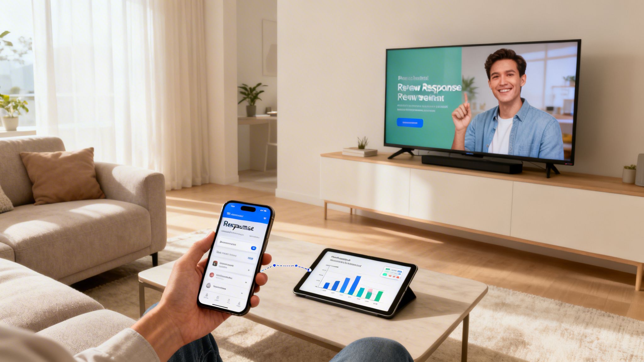 Person using smartphone and tablet to manage reviews while watching a related presentation on TV.