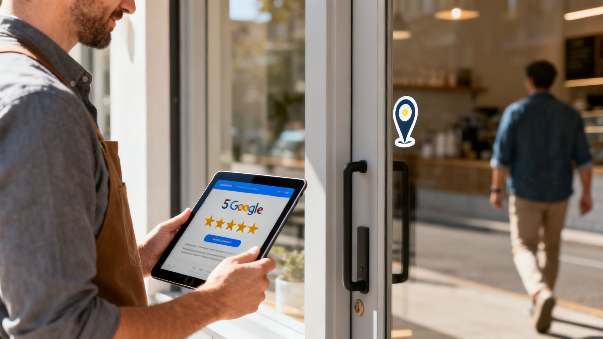 A man holding a tablet showing 5-star Google reviews for his local business, with a map pin sticker on the glass door.