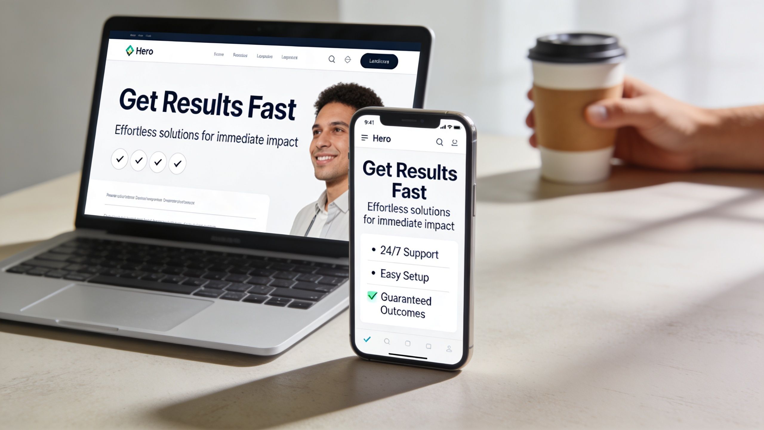 A laptop and smartphone displaying a Hero business landing page design with responsive website conversion elements.