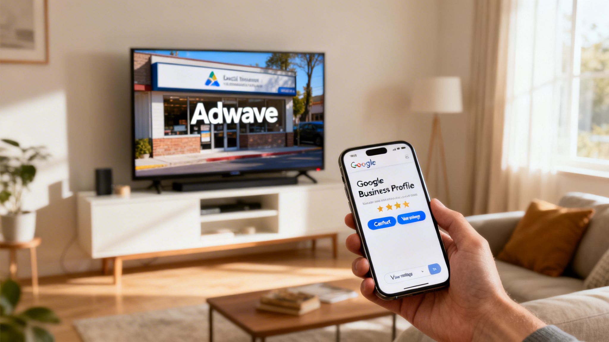 A person holds a smartphone displaying a Google Business Profile next to a TV showing a business storefront.