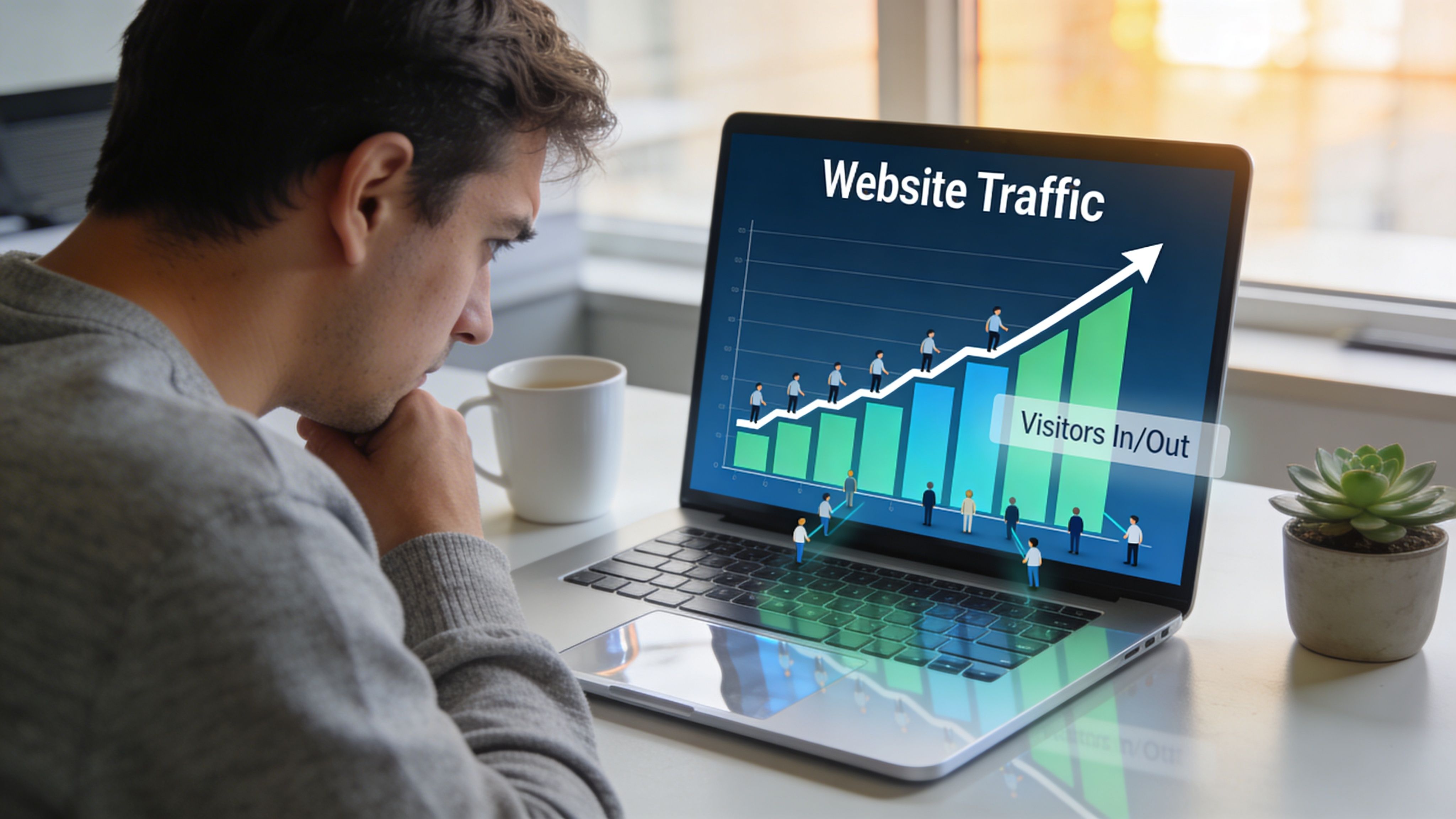 A man thoughtfully looking at a laptop screen displaying a positive website traffic growth chart.