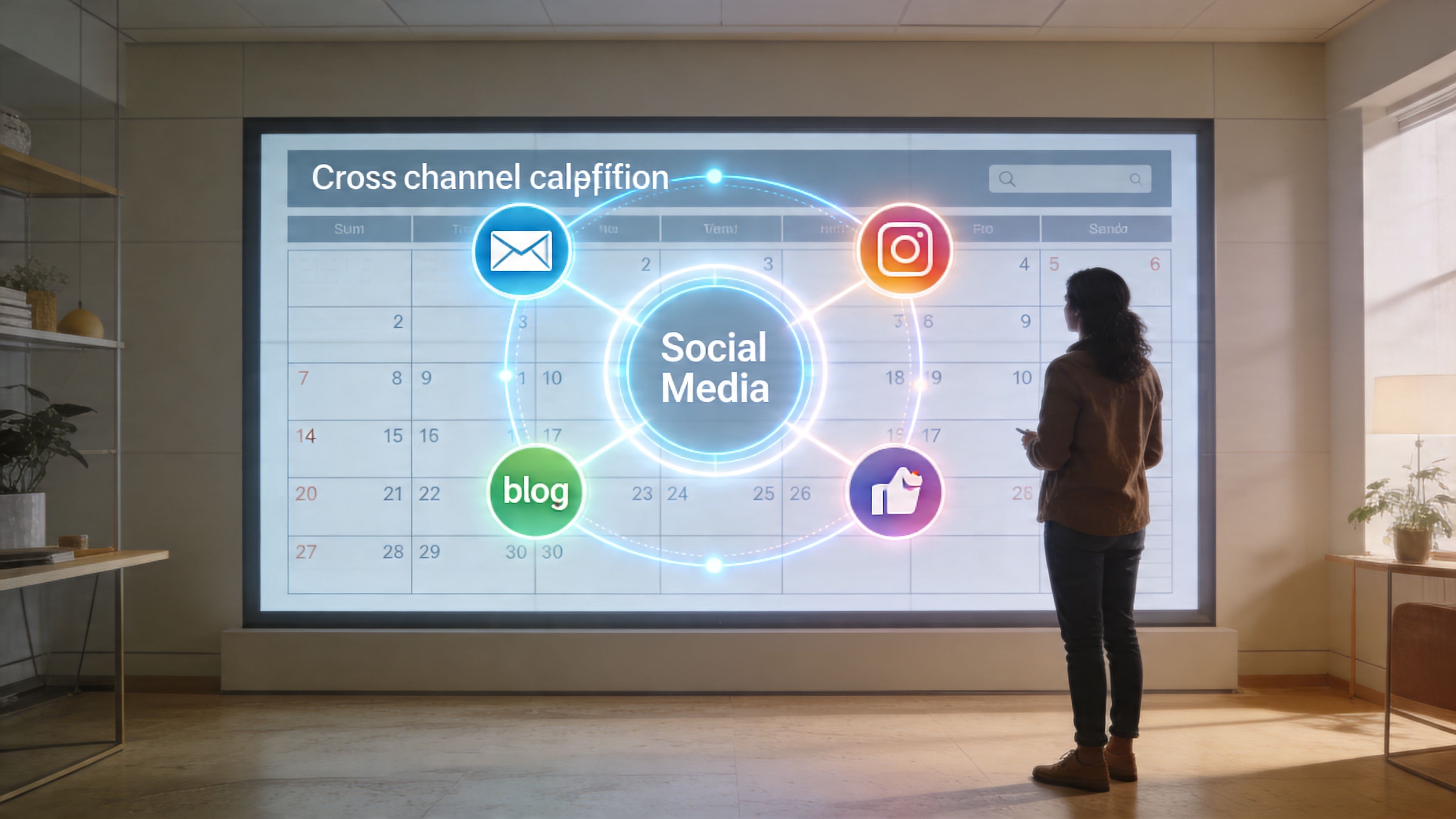 A woman looks at a digital screen displaying a social media content calendar with interactive marketing icons.