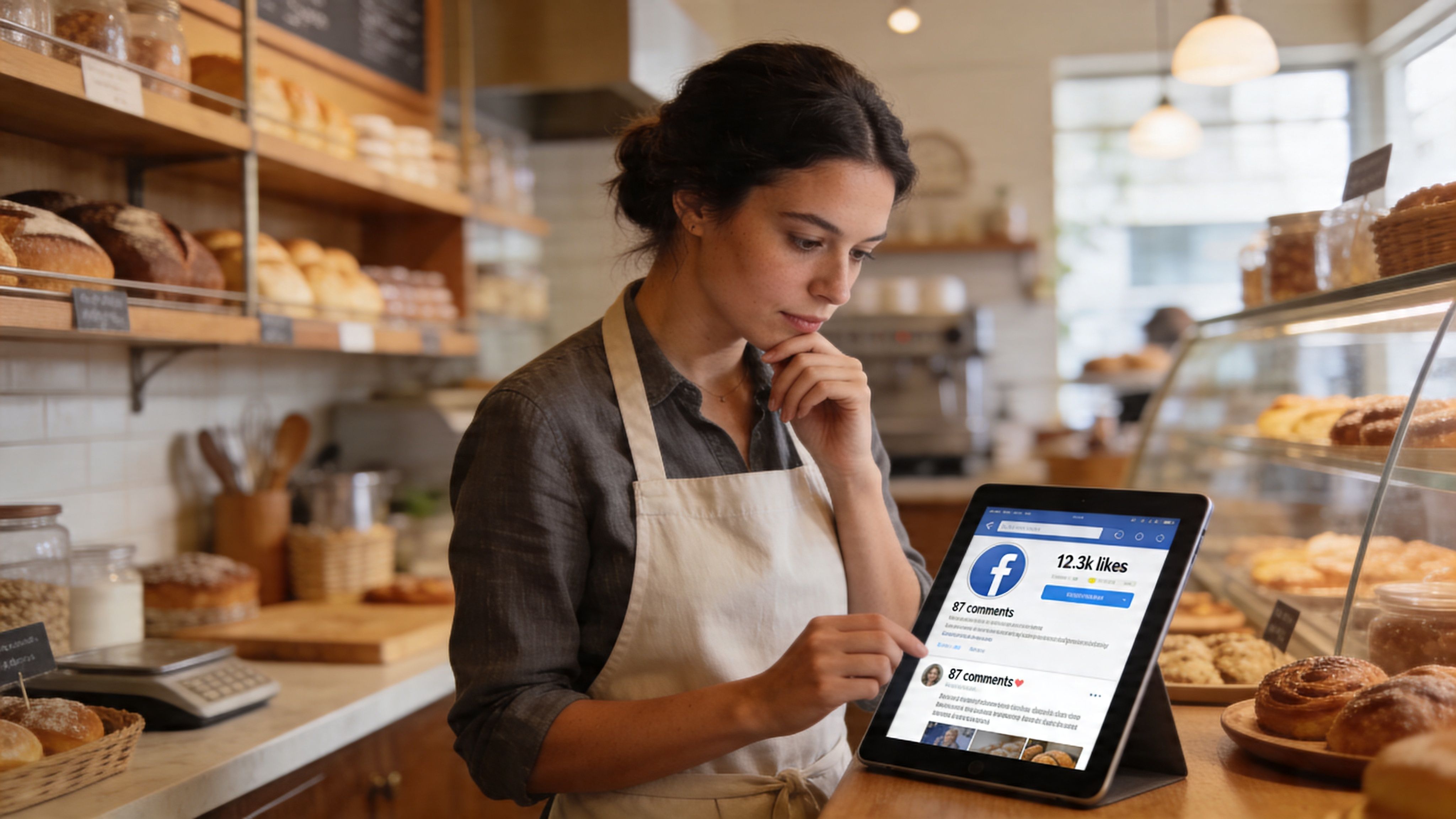 A bakery worker examining a tablet displaying social media engagement metrics inside a pastry shop.