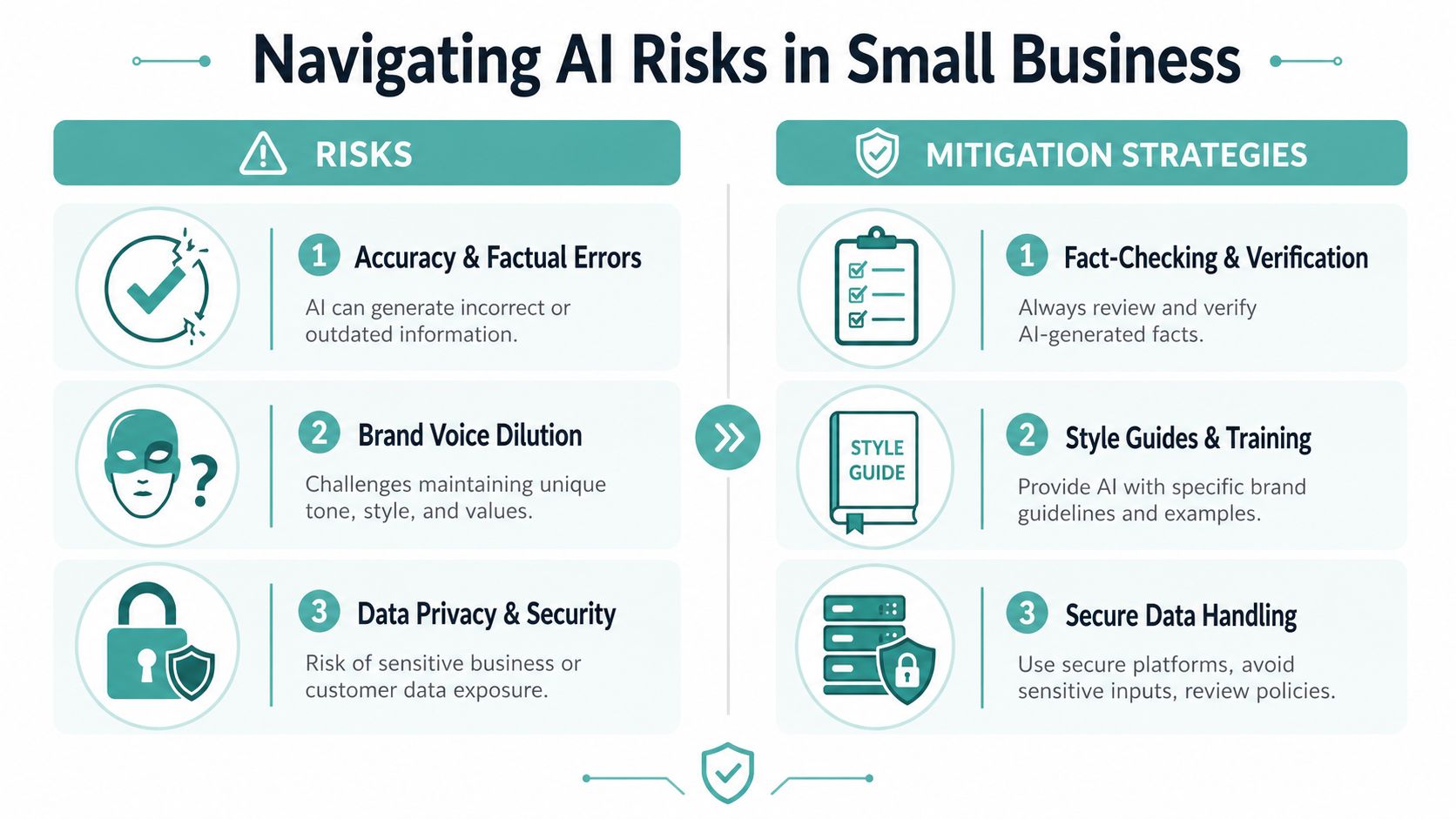 An infographic titled Navigating AI Risks in Small Business, outlining key risks and corresponding mitigation strategies for entrepreneurs.