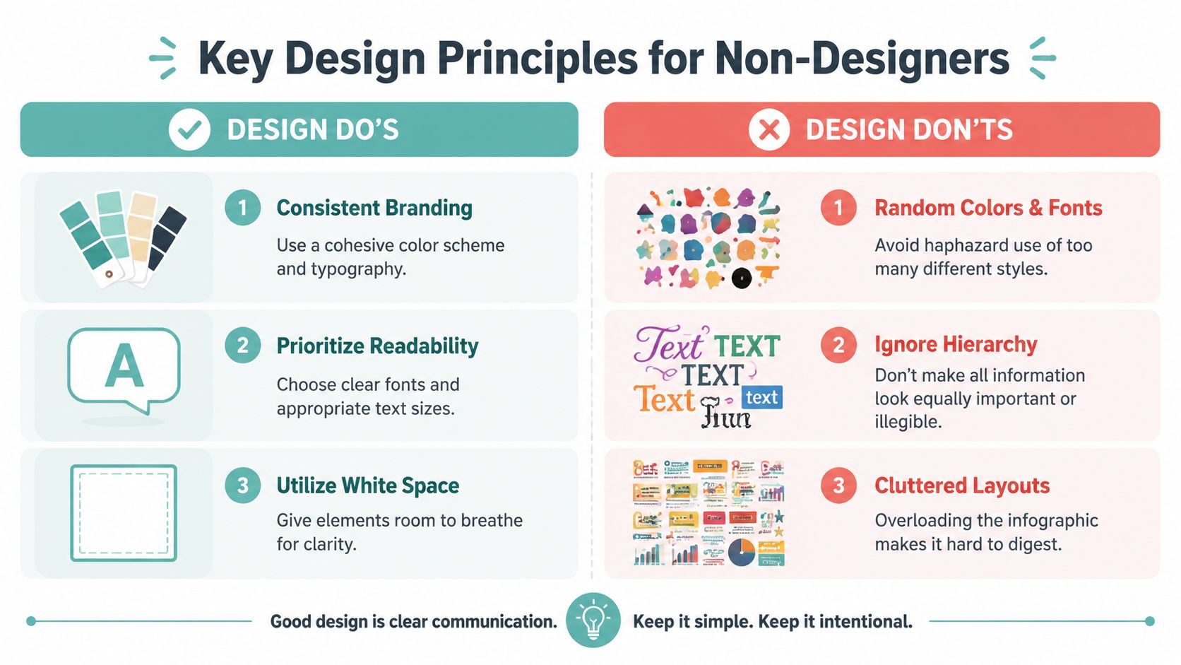 A guide illustrating key design principles for non-designers including do's and don'ts for creating effective infographics.