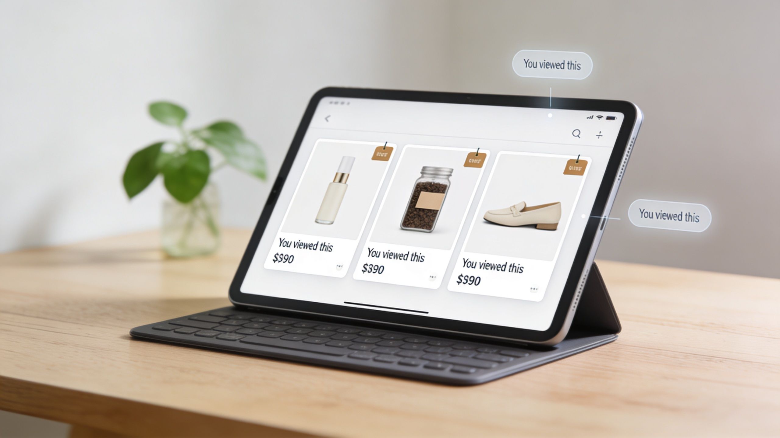 A tablet on a wooden desk displaying a retargeting ad interface with product recommendations and viewing history tags.