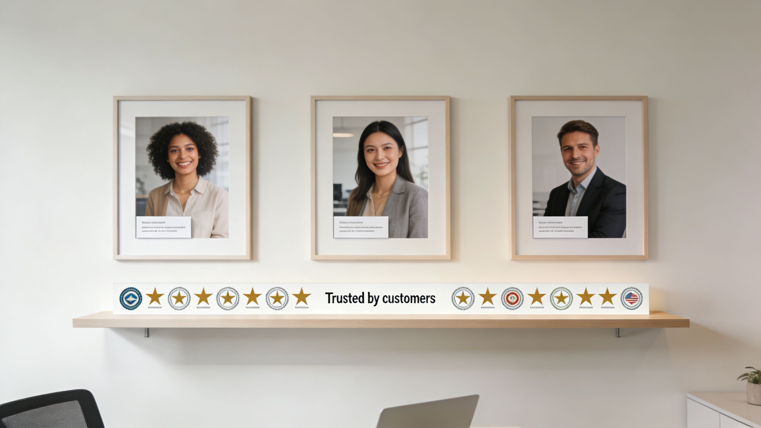 A professional office wall featuring three portraits of staff members and a banner titled Trusted by customers.