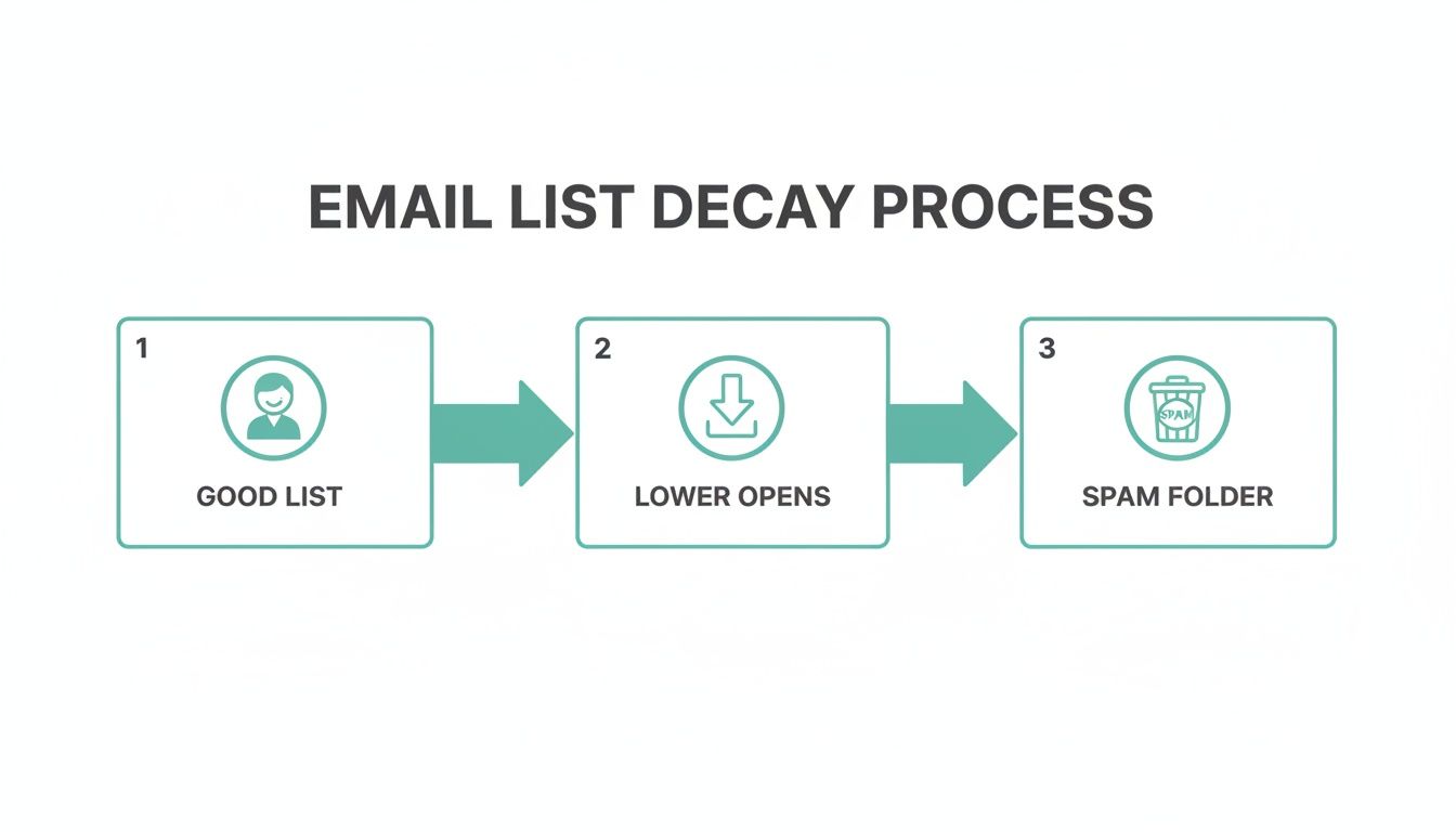 Diagram illustrating the email list decay process: from a good list to lower opens, ending in the spam folder.