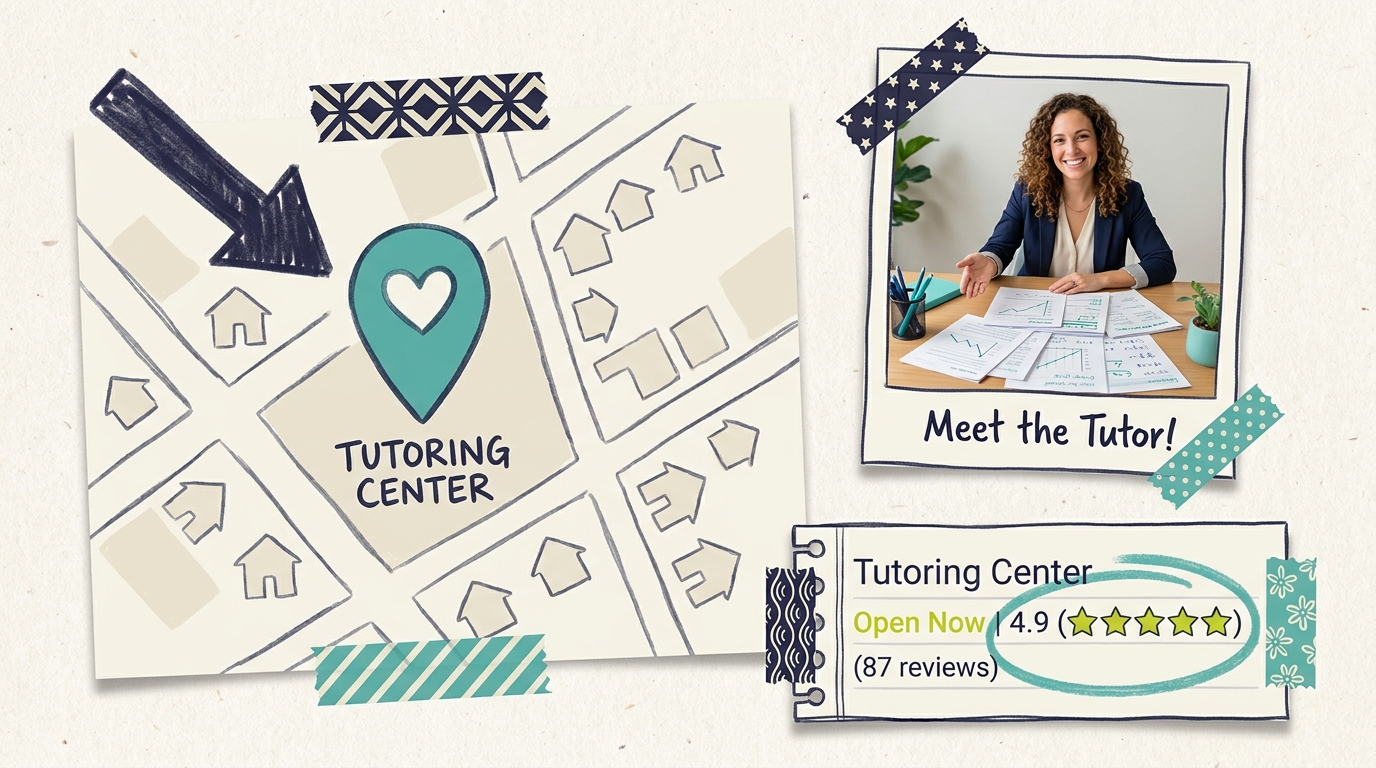 Map with tutoring center pin and Google profile preview