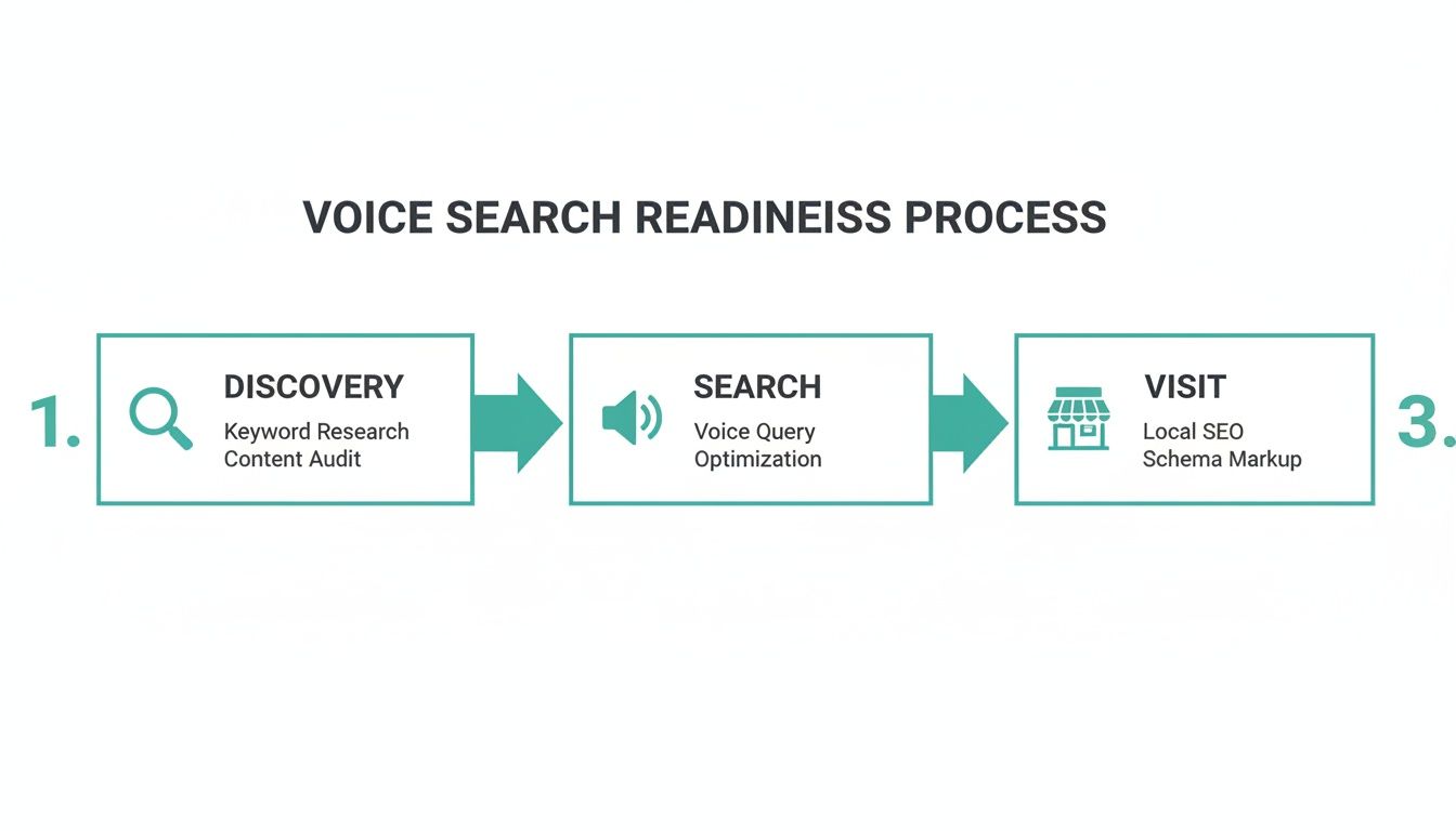 Flowchart detailing the voice search readiness process with steps: Discovery, Search, and Visit for local SEO.
