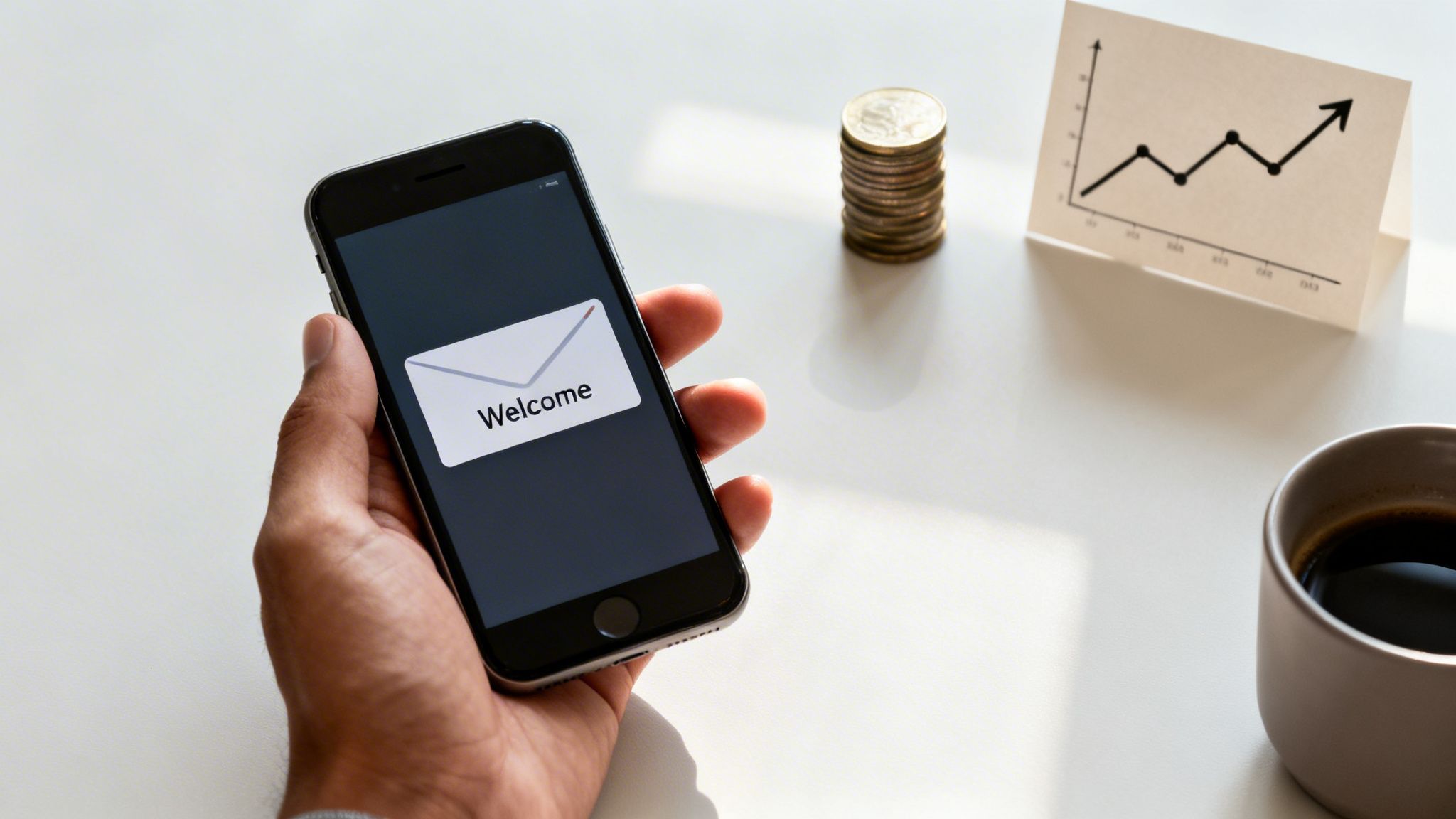 A hand holds a smartphone showing a 'Welcome' email notification, with coins and a rising chart in the background.