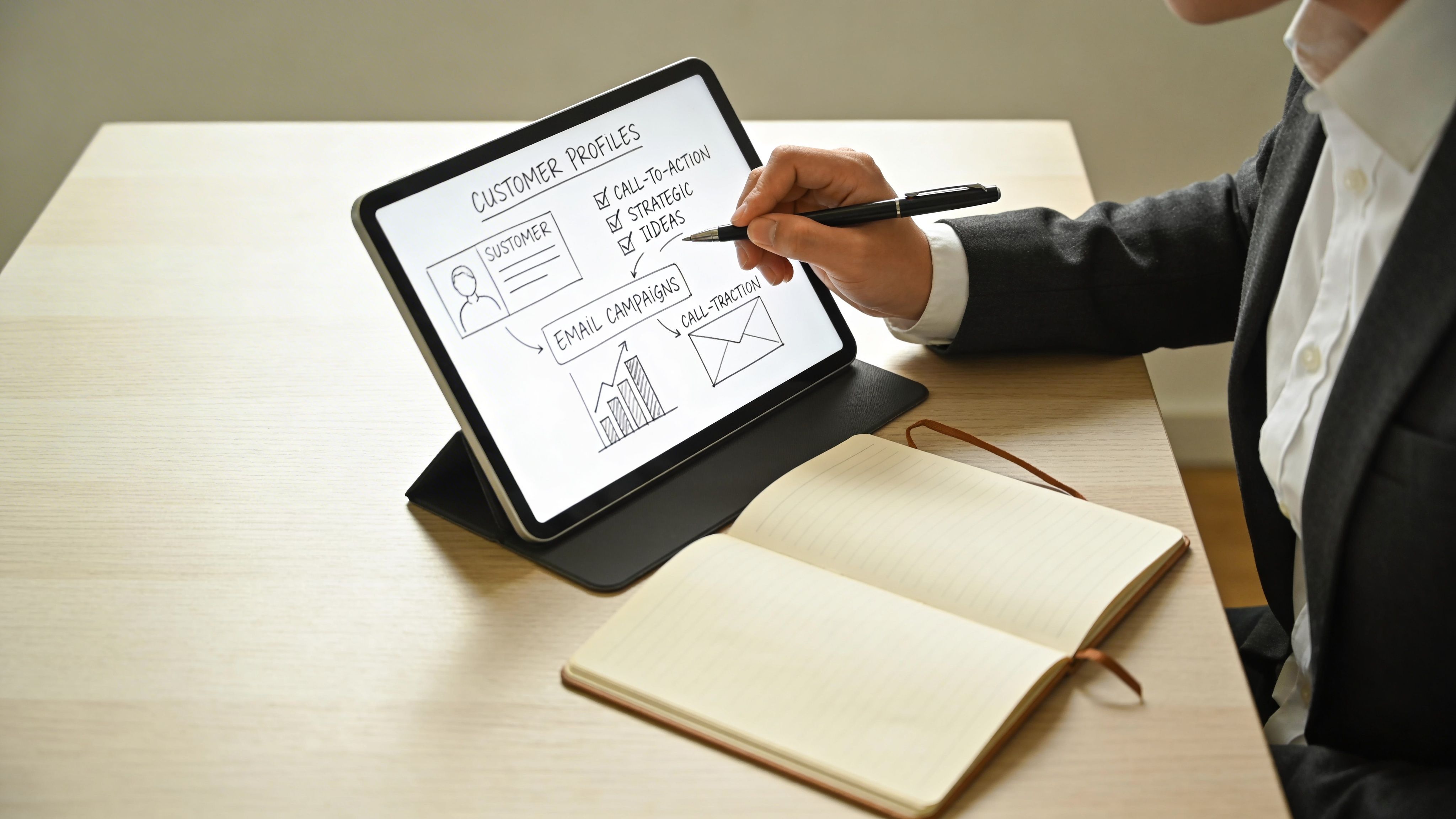A professional in a suit using a stylus on a tablet screen showing marketing strategy diagrams.