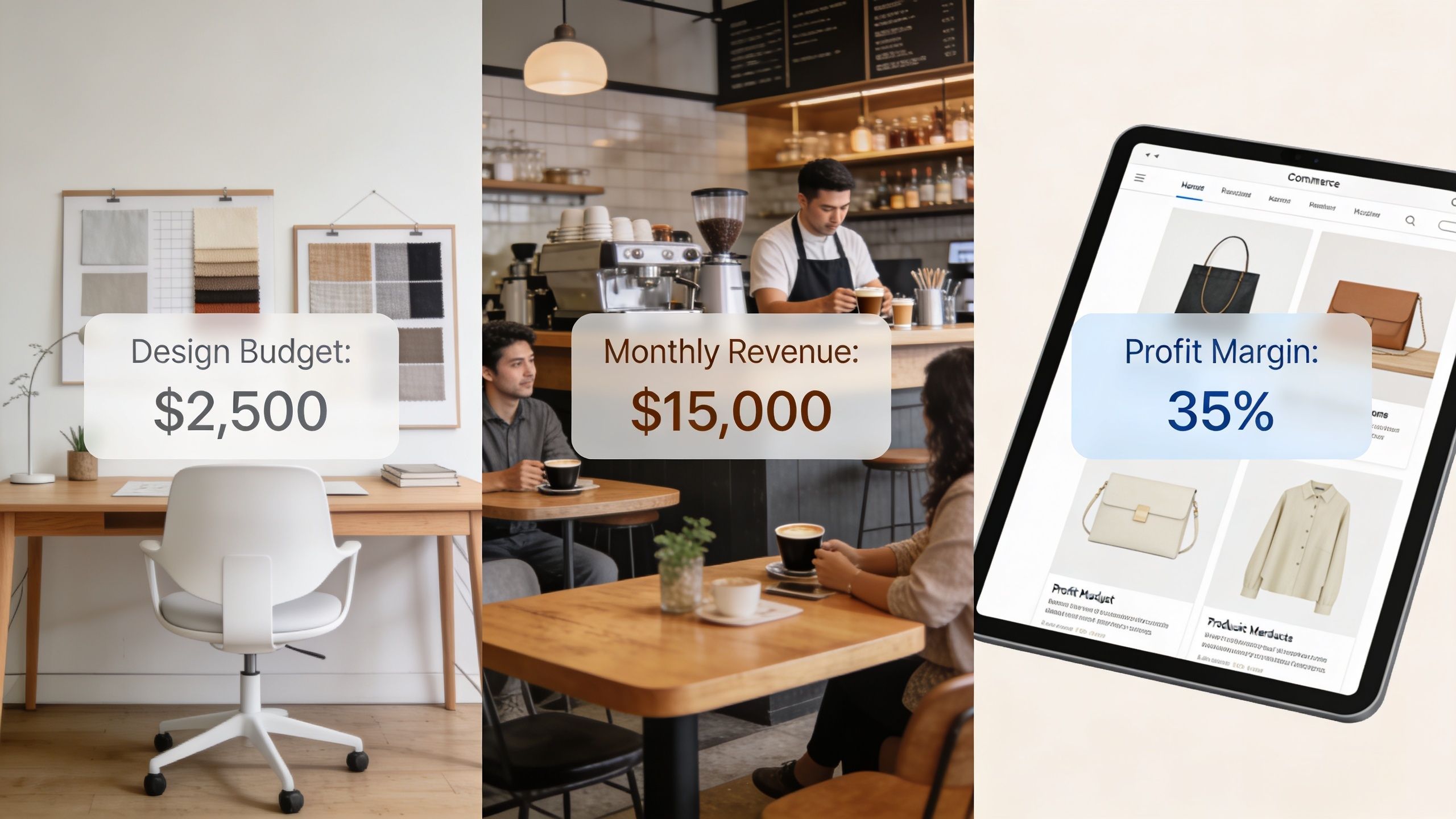 A split-screen infographic displaying business financial statistics including design budget, monthly revenue, and profit margin metrics.
