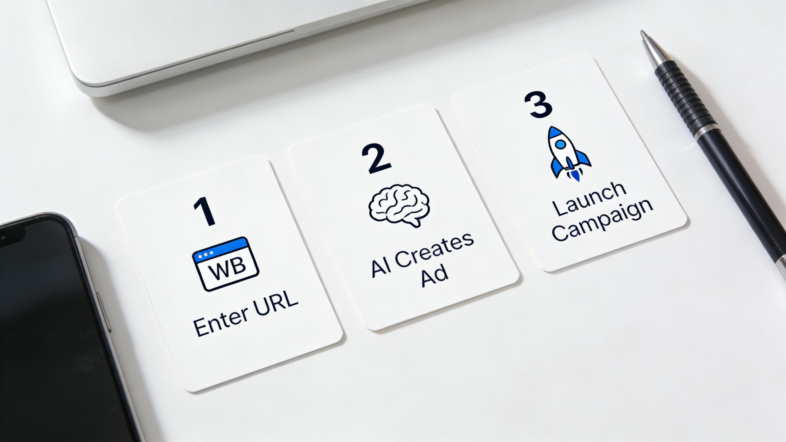 Three cards arranged on a desk illustrating a simple three step AI marketing campaign process.
