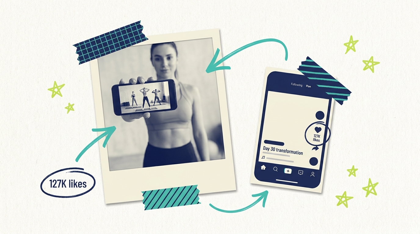 Fitness creator polaroid and TikTok-style transformation video