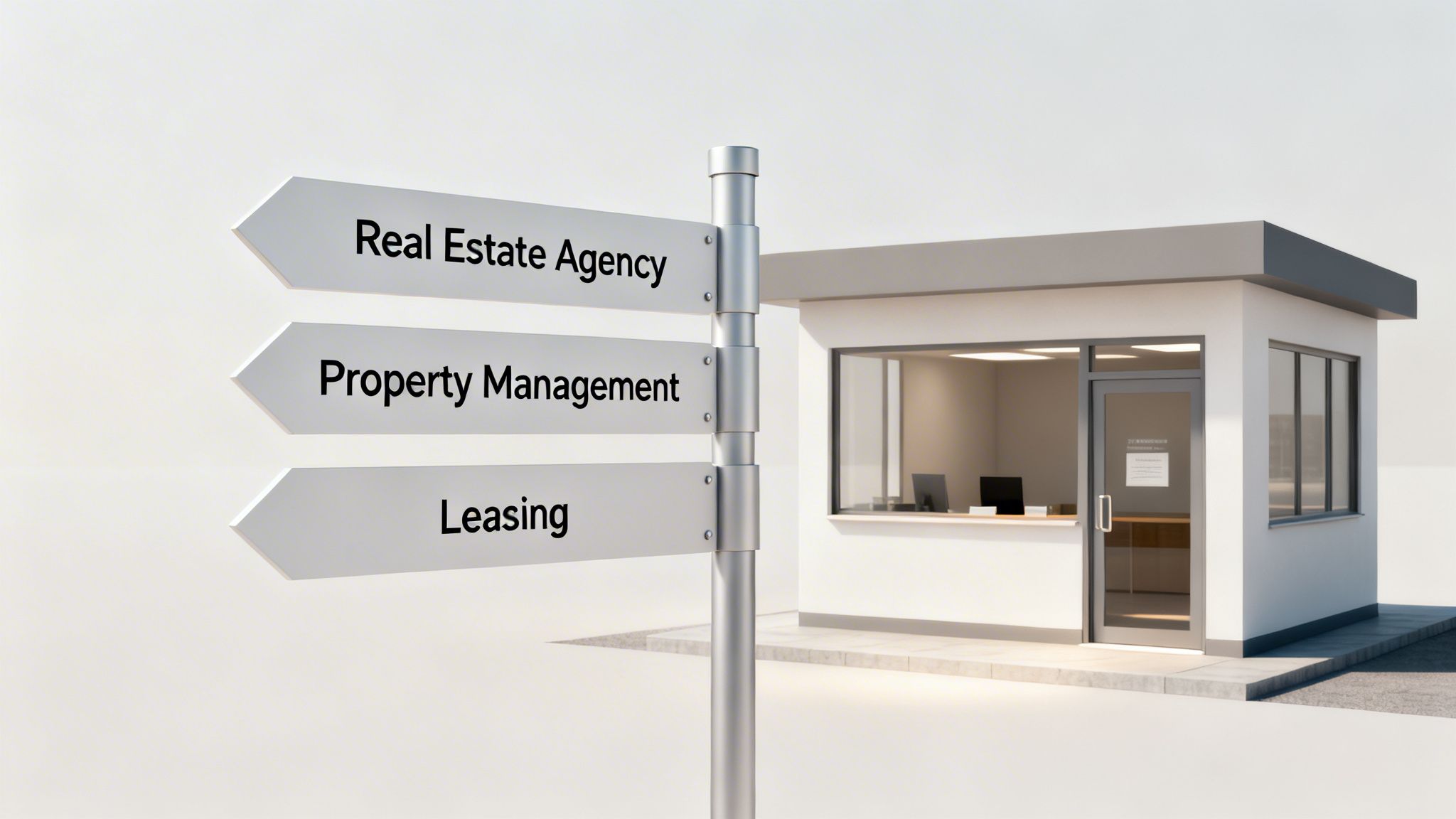 A signpost points left to "Real Estate Agency," "Property Management," and "Leasing" next to a modern office building.