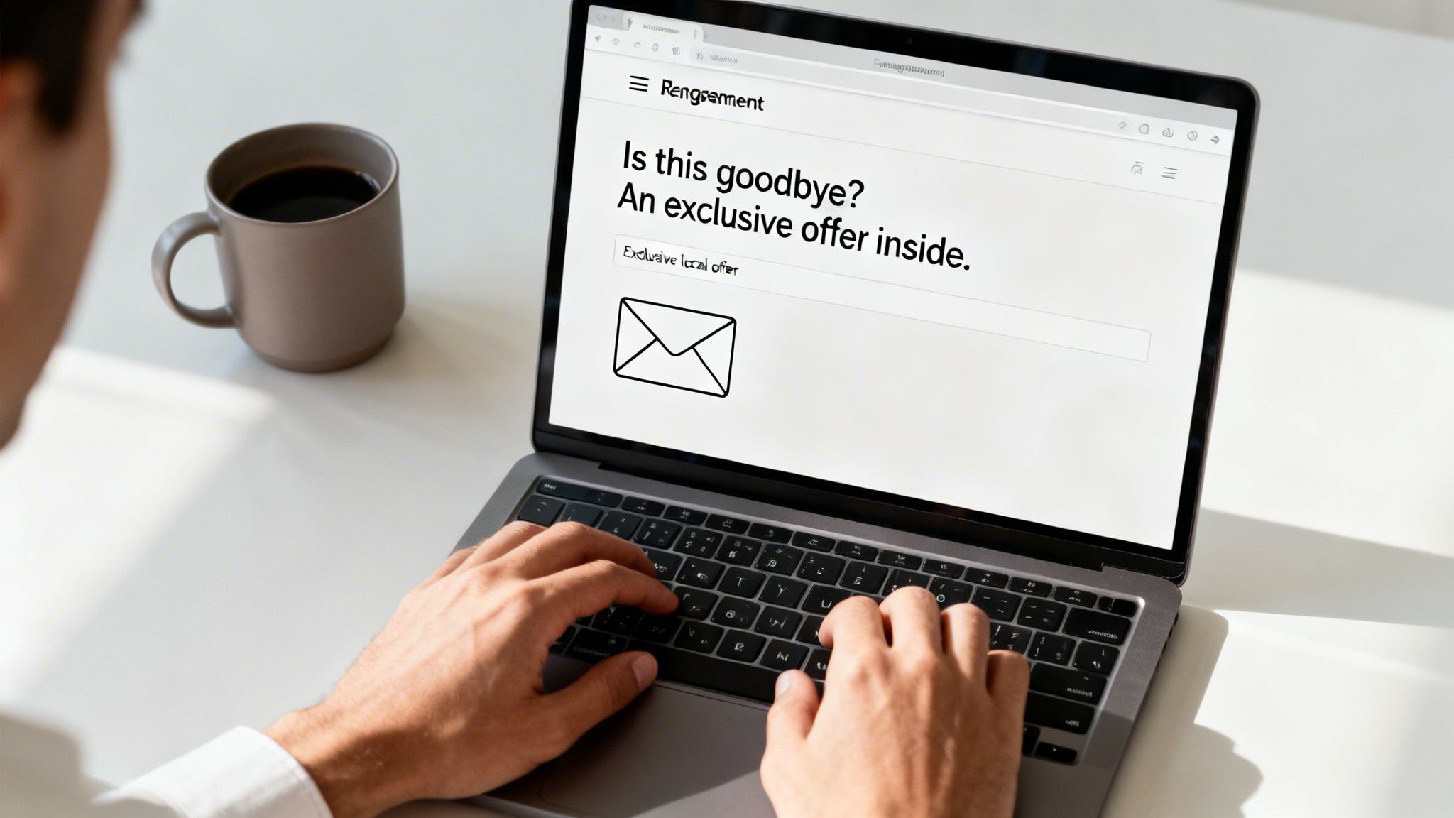 Person typing on a laptop, viewing a re-engagement offer with an email icon and a coffee mug nearby.