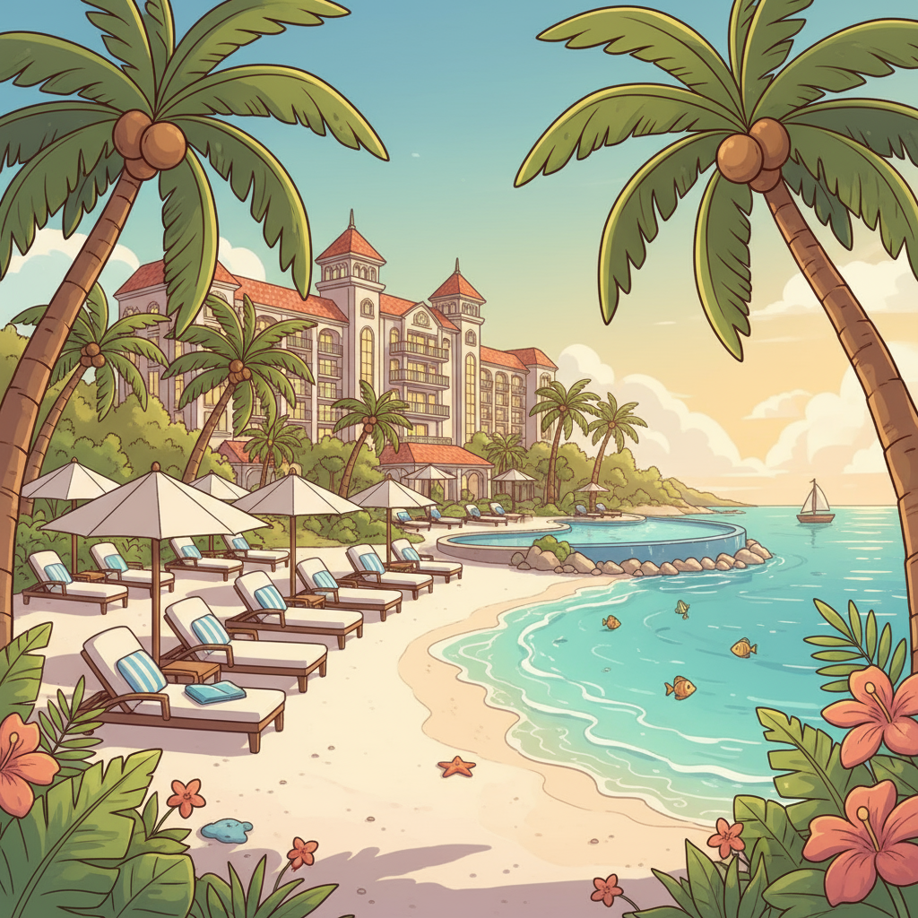 Luxury beach resort with palm trees, crystal clear turquoise water, and lounge chairs representing tropical paradise travel destination, ideal for hotel and tourism TV advertising campaigns to inspire vacation bookings and drive reservations.