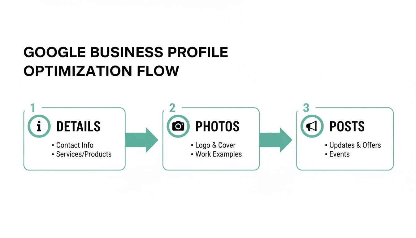 Flowchart illustrating the Google Business Profile optimization process with three steps: Details, Photos, and Posts.