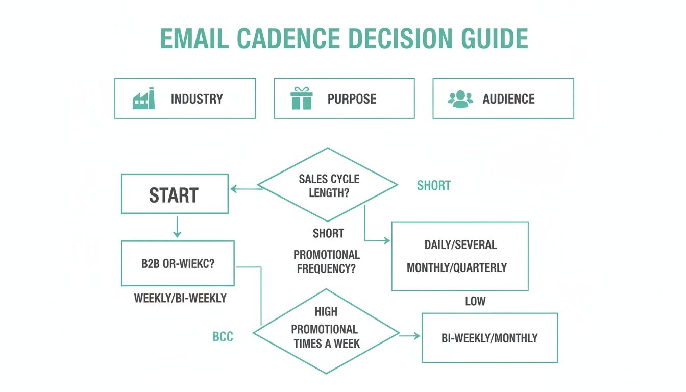 A flowchart decision guide for email cadence, considering sales cycle length, promotional frequency, and audience.