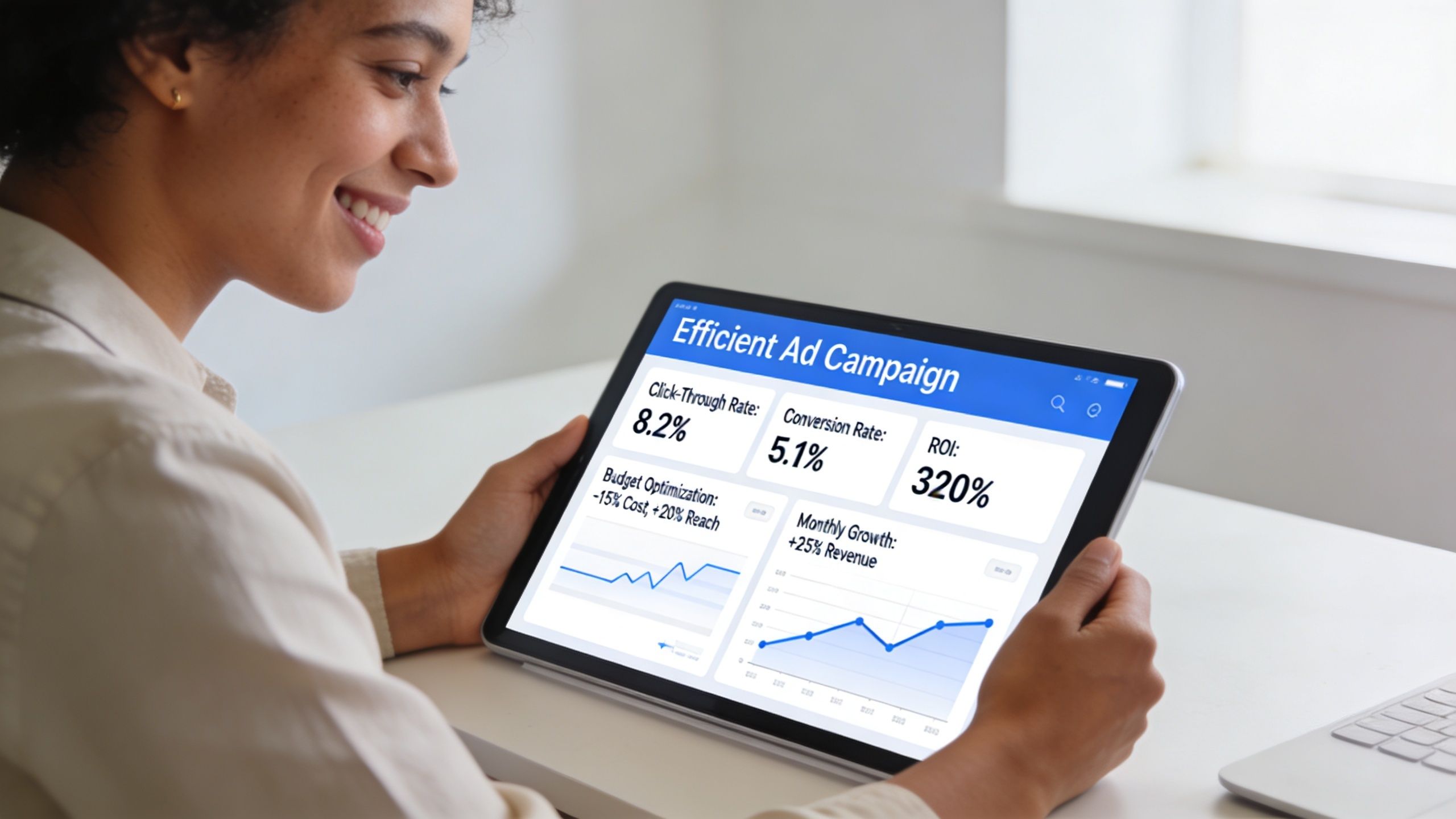 A woman smiling while looking at a tablet showing a dashboard titled Efficient Ad Campaign.
