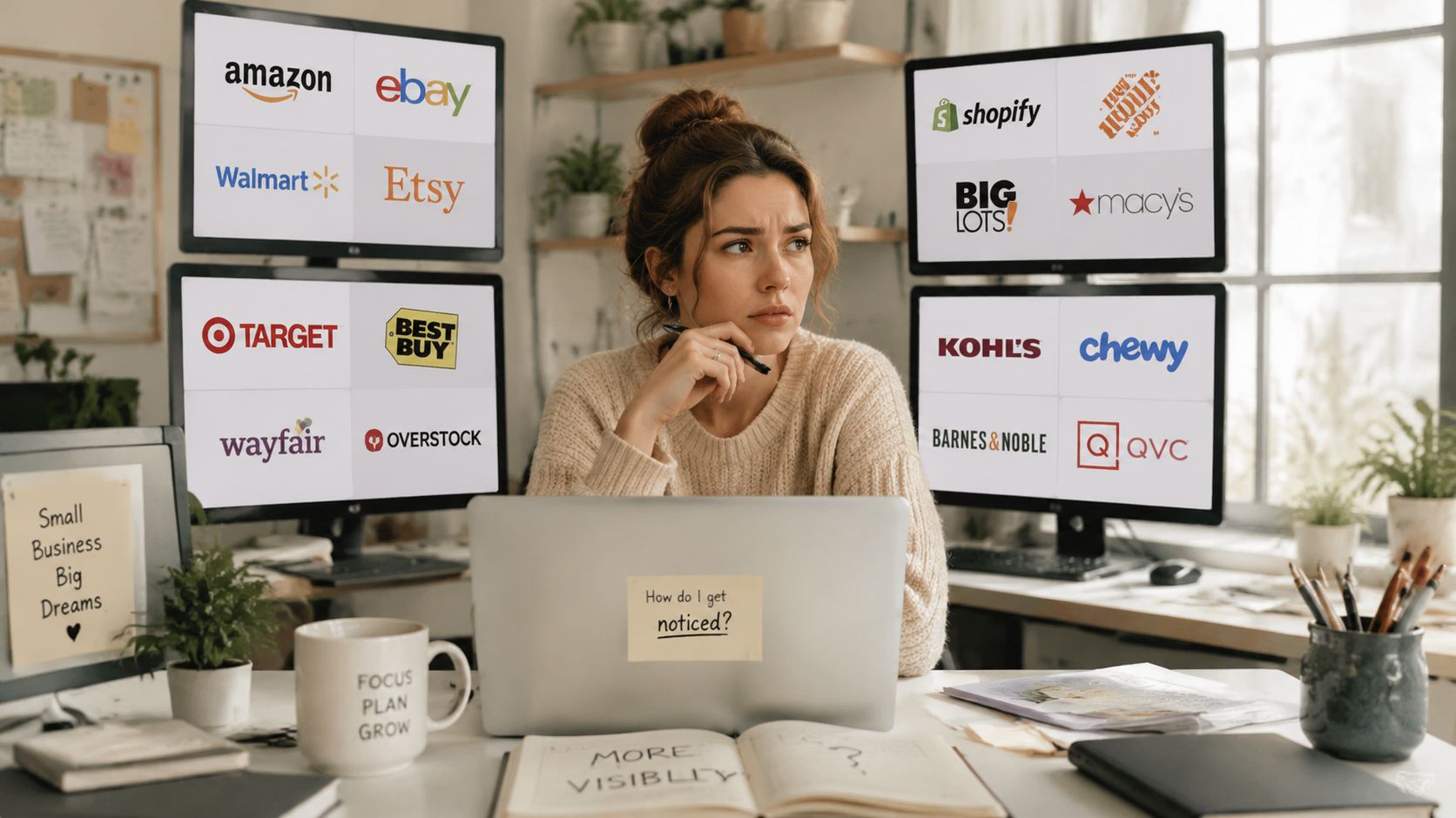 A businesswoman pondering her e-commerce strategy surrounded by multiple screens featuring popular online retail company logos.