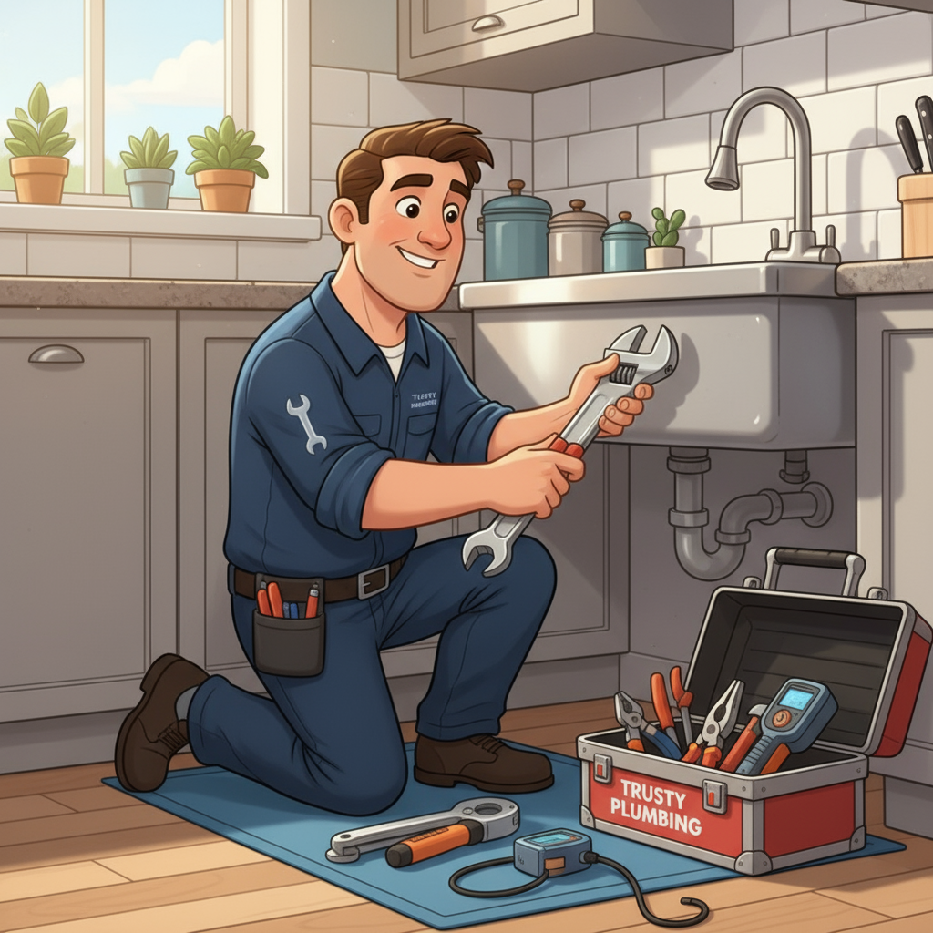 Skilled plumber in clean professional uniform working on home plumbing repair under sink with modern tools and equipment, representing reliable emergency and scheduled plumbing services for local TV advertising campaigns.