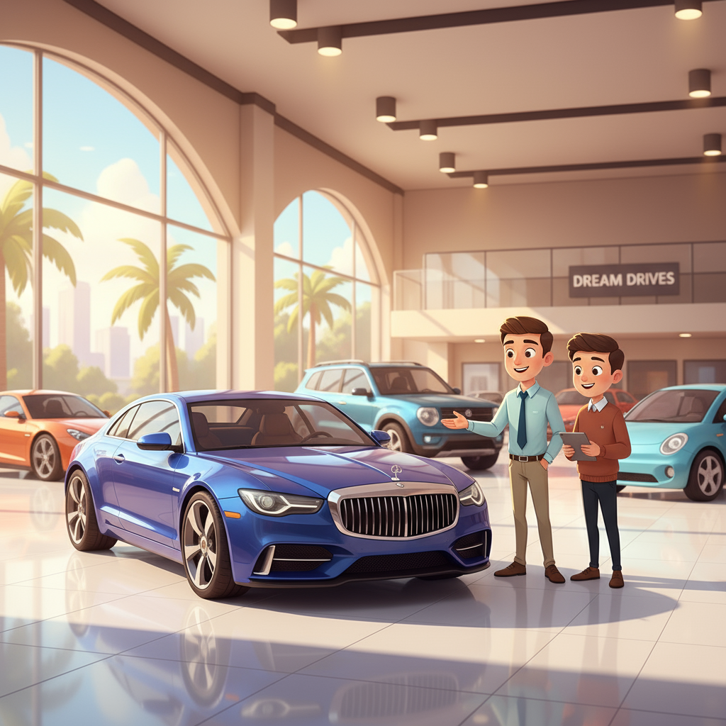 Professional car dealership showroom with luxury vehicles on display, natural lighting through large windows, and clean modern design representing automotive dealership and service center TV advertising.