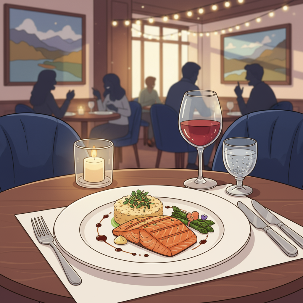 Beautifully plated salmon dish with wine on elegant restaurant table, warm ambient dining atmosphere, showcasing fine dining culinary excellence for restaurant TV advertising to attract diners and build local buzz.