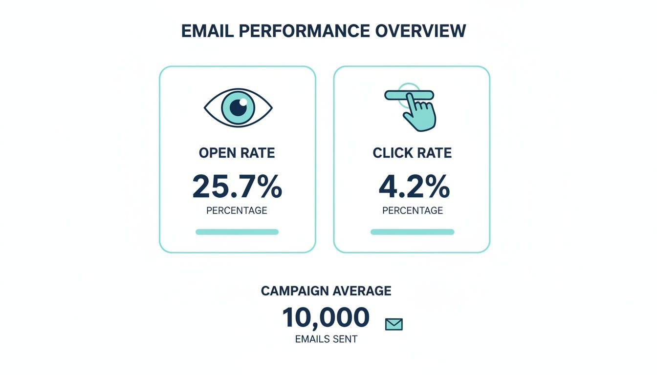 An overview of email marketing performance showing open rate 25.7%, click rate 4.2%, and 10,000 emails sent.