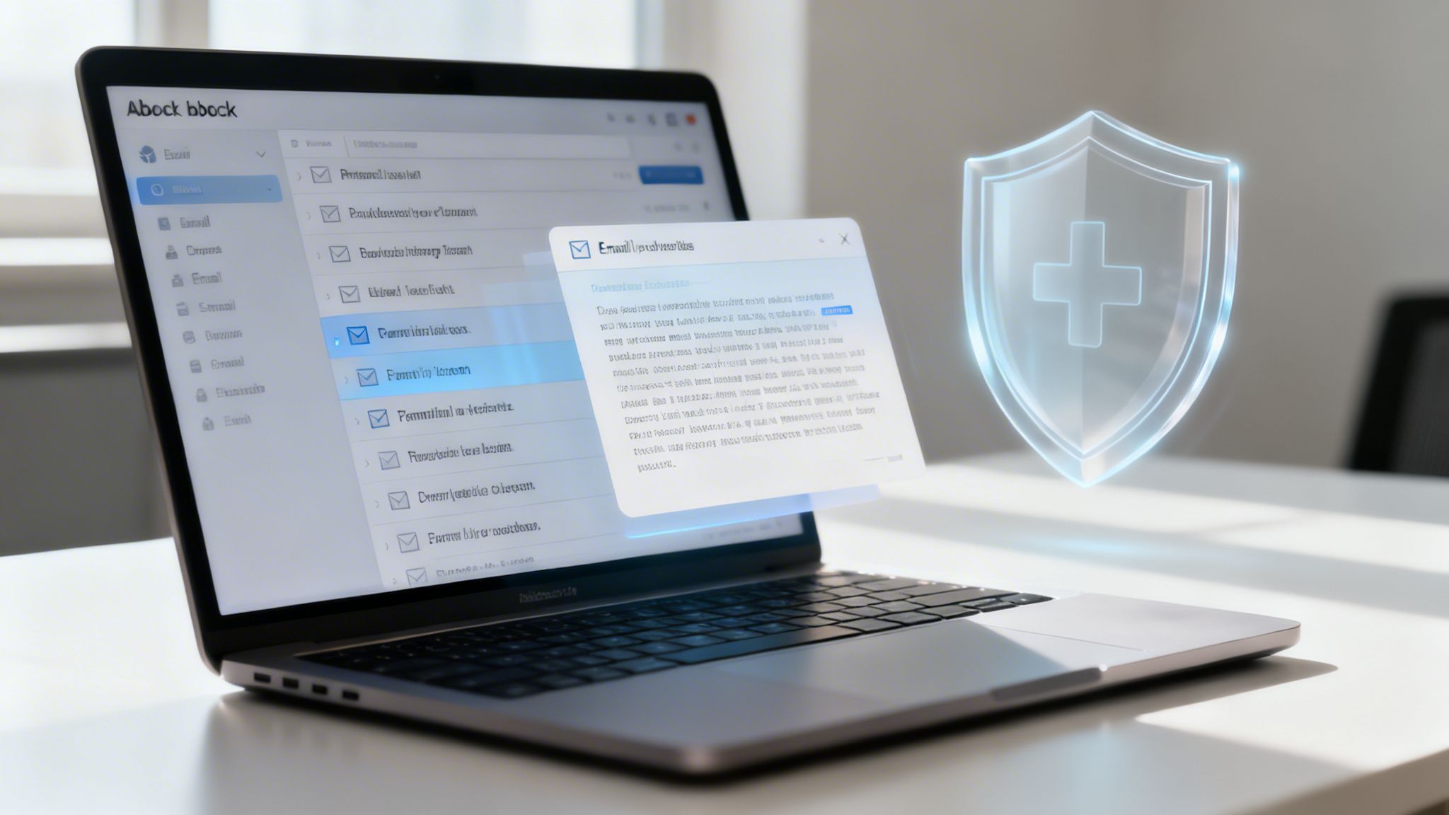 A laptop displays an email interface and a glowing shield with a cross symbol, suggesting digital security.