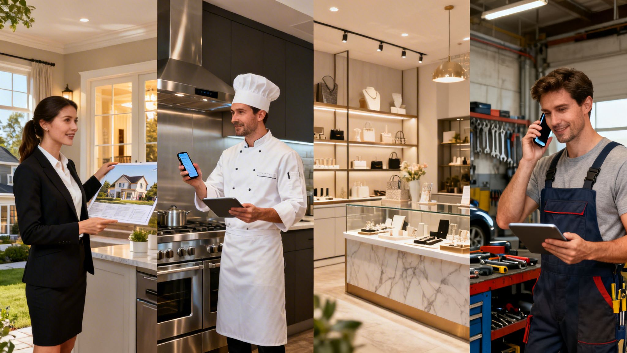 A composite image displaying four different professionals using mobile devices for business communication in various industries.